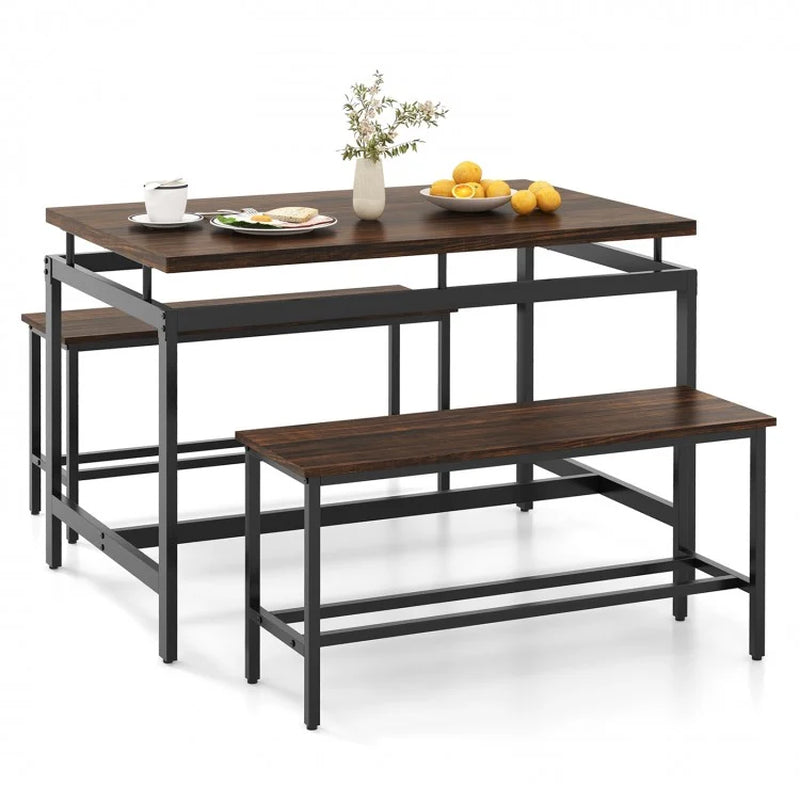 3-Piece Dining Table Set Featuring Wooden Kitchen Table and Two Benches