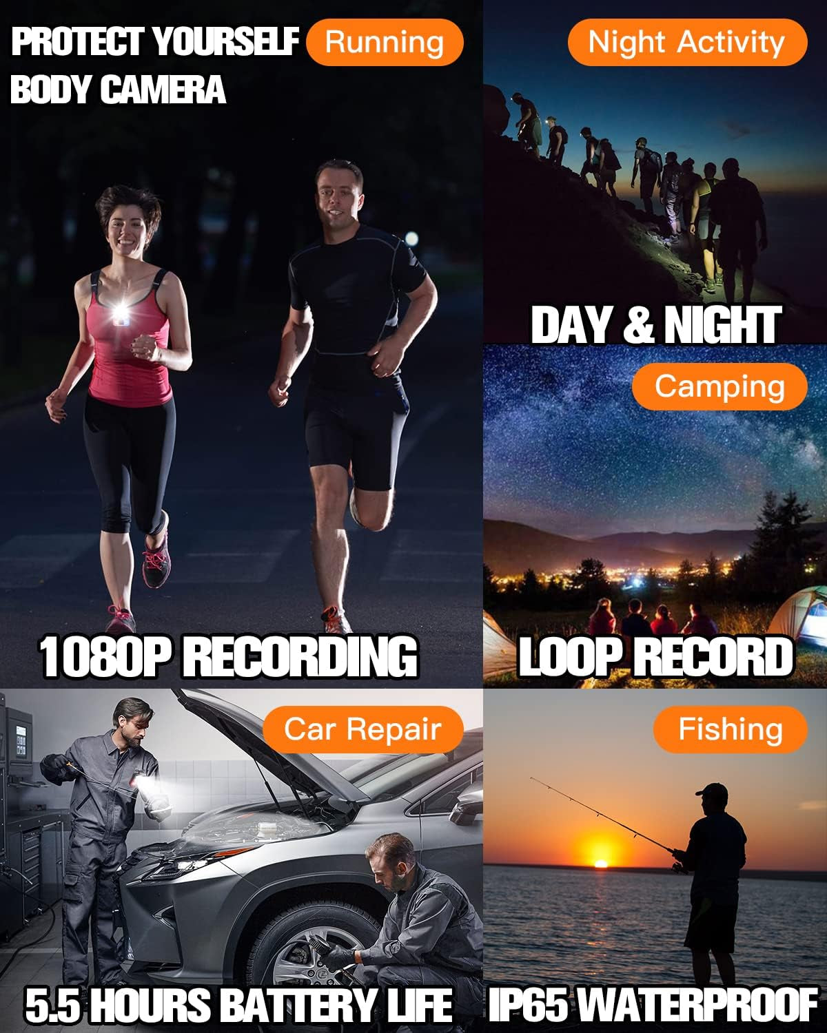 1080P Mini Body Camera - Wireless Wearable Video Recorder - Waterproof Design, Built-In 64GB Memory, 3 LED Flashlight Modes