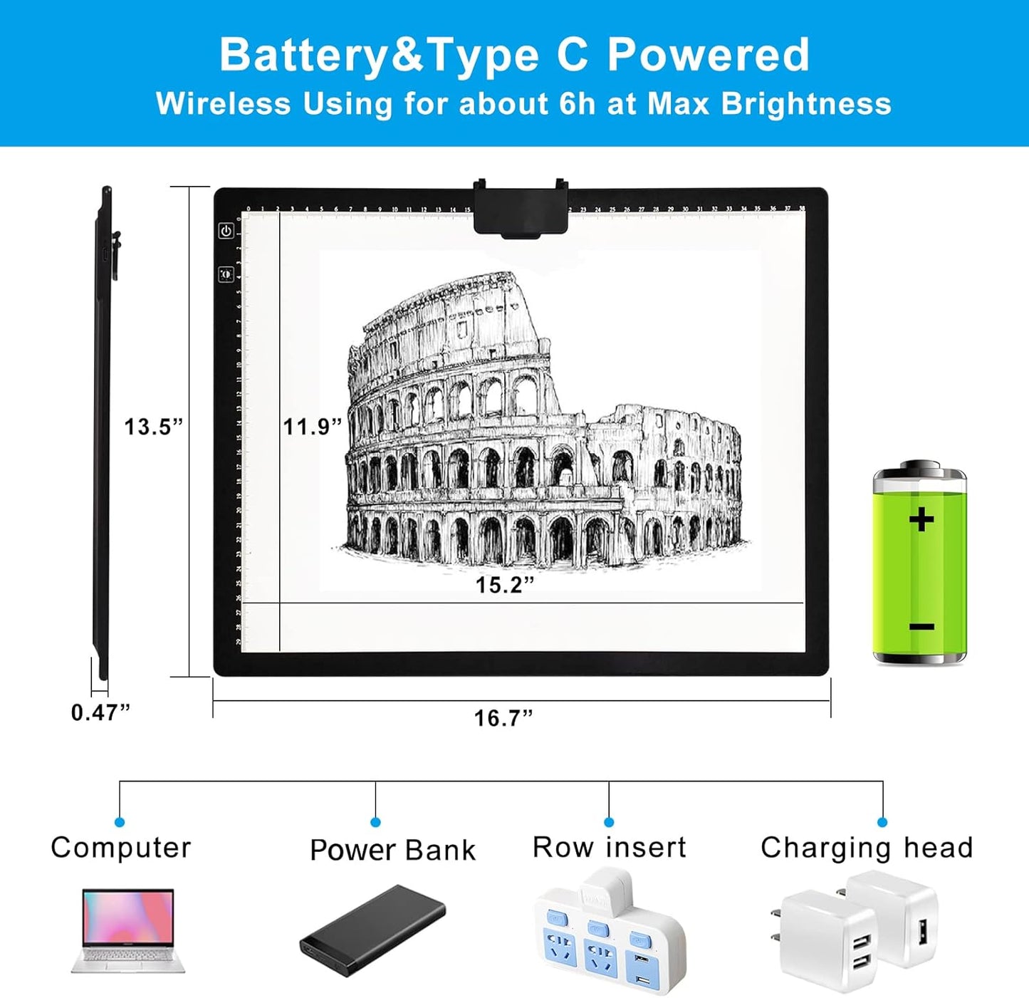 A3 Light Pad, Rechargeable Light Board for Diamond Painting, Tracing Light Box, Stand and Clip,Table Lightbox, Tracing, Drawing