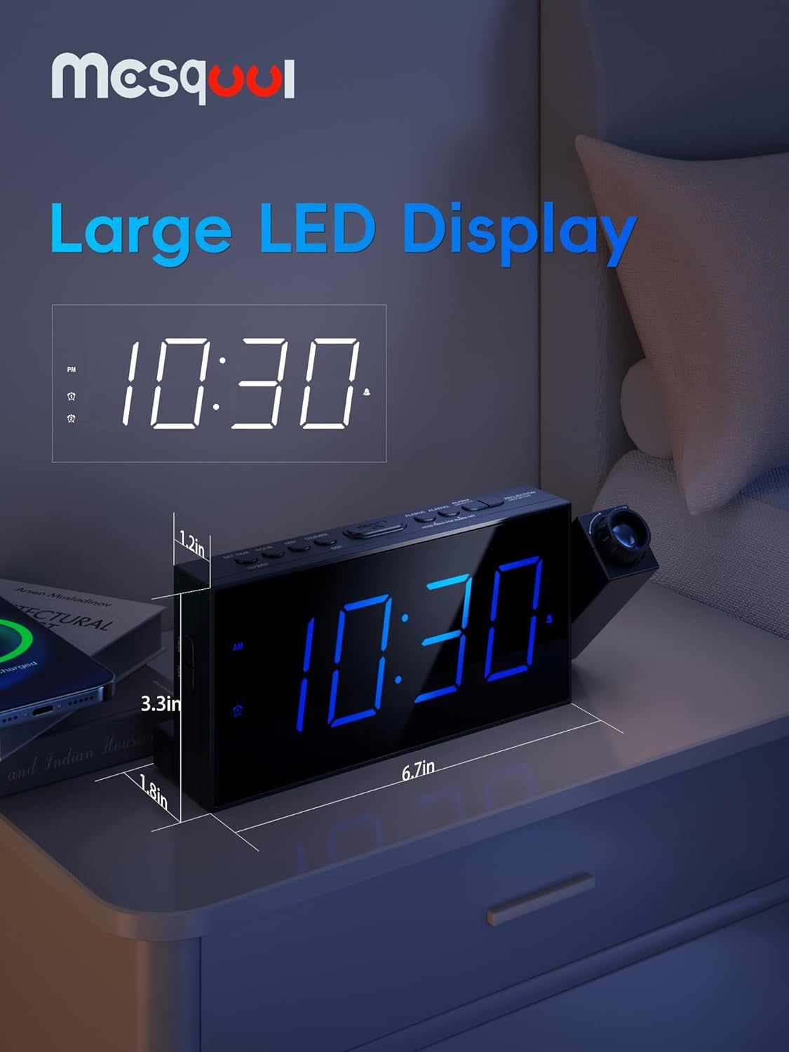 Projection Alarm Clock with 7" LED Display, Adjustable Dimmer, 5 Volume Levels, 9-Minute Snooze, Dual Alarm Functionality, USB Charging Port
