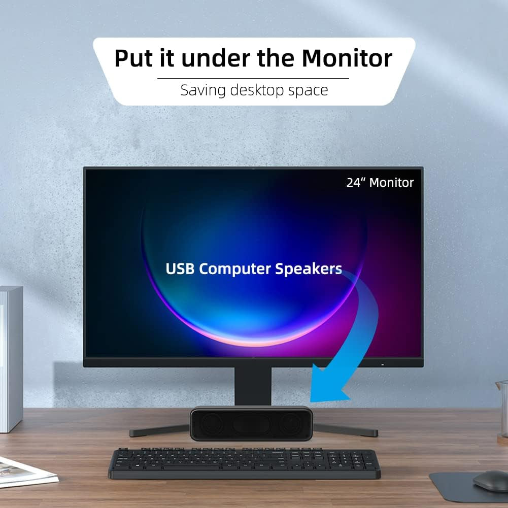 Upgraded USB Stereo Speakers for PC and Laptop, Compact External Sound Bar with Enhanced Bass