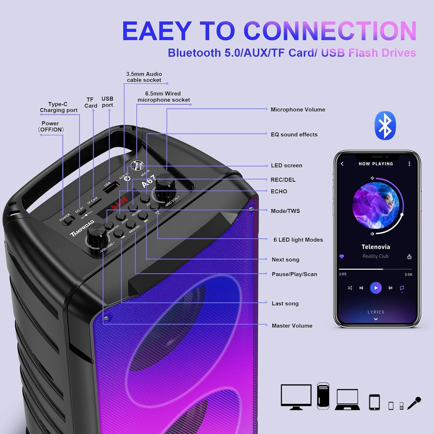 Portable 60W Bluetooth Speakers with Rich Bass, FM Radio, Colorful Lights, TWS Pairing, and 10000mAh Battery