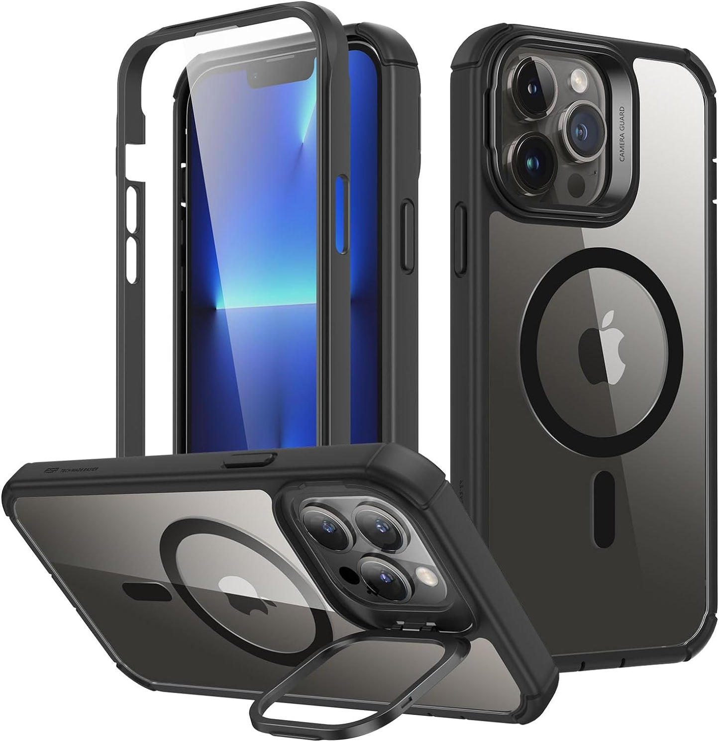 iPhone 15 Pro Max Armor Series Case: Full-Body Shockproof MagSafe Protection with Built-In Stash Stand and Individual Lens Protectors - Black