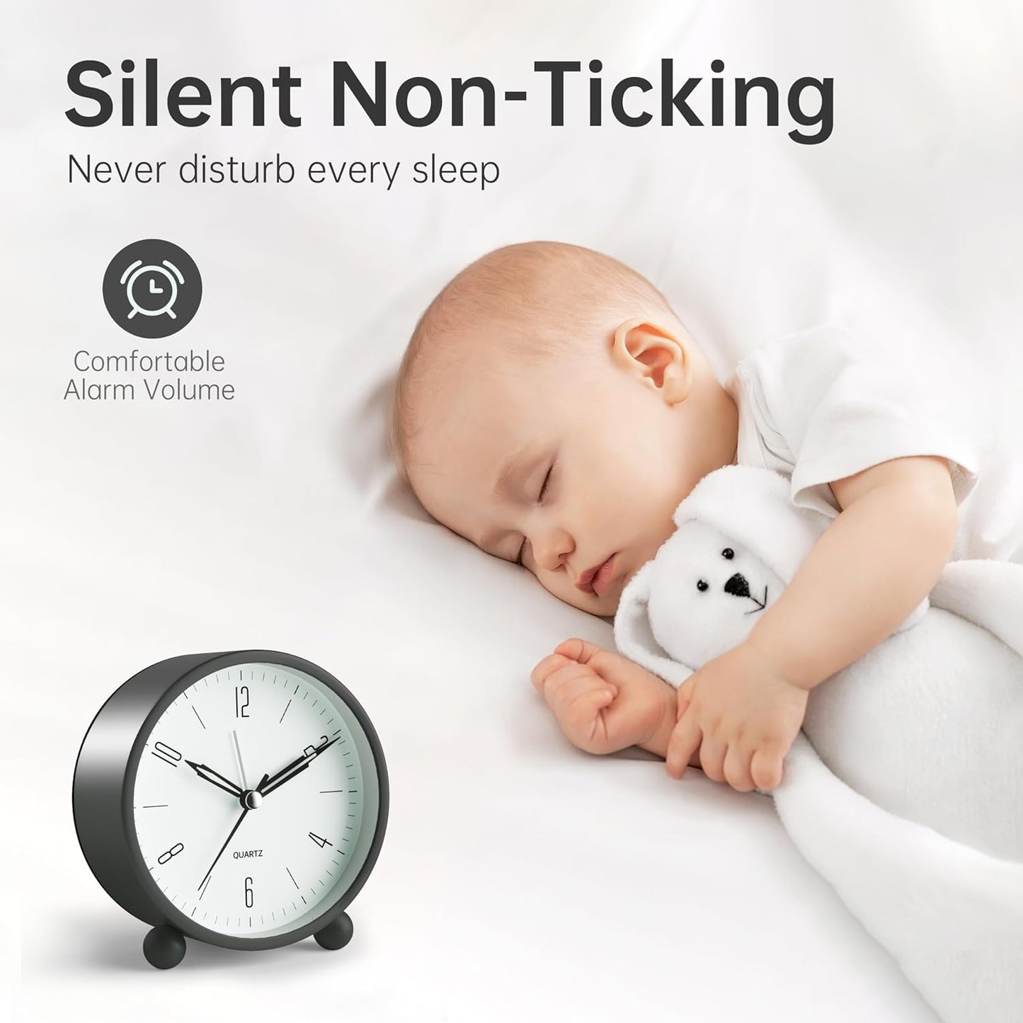 Analog Alarm Clock - 4 Inch Silent Non-Ticking Design with Night Light, Battery Operated, Classic Black Decor for Bedroom, Desk, and Gifting