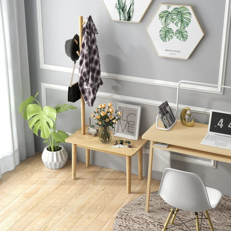Solid Wood Coat Rack End Table with Integrated Side Table Design