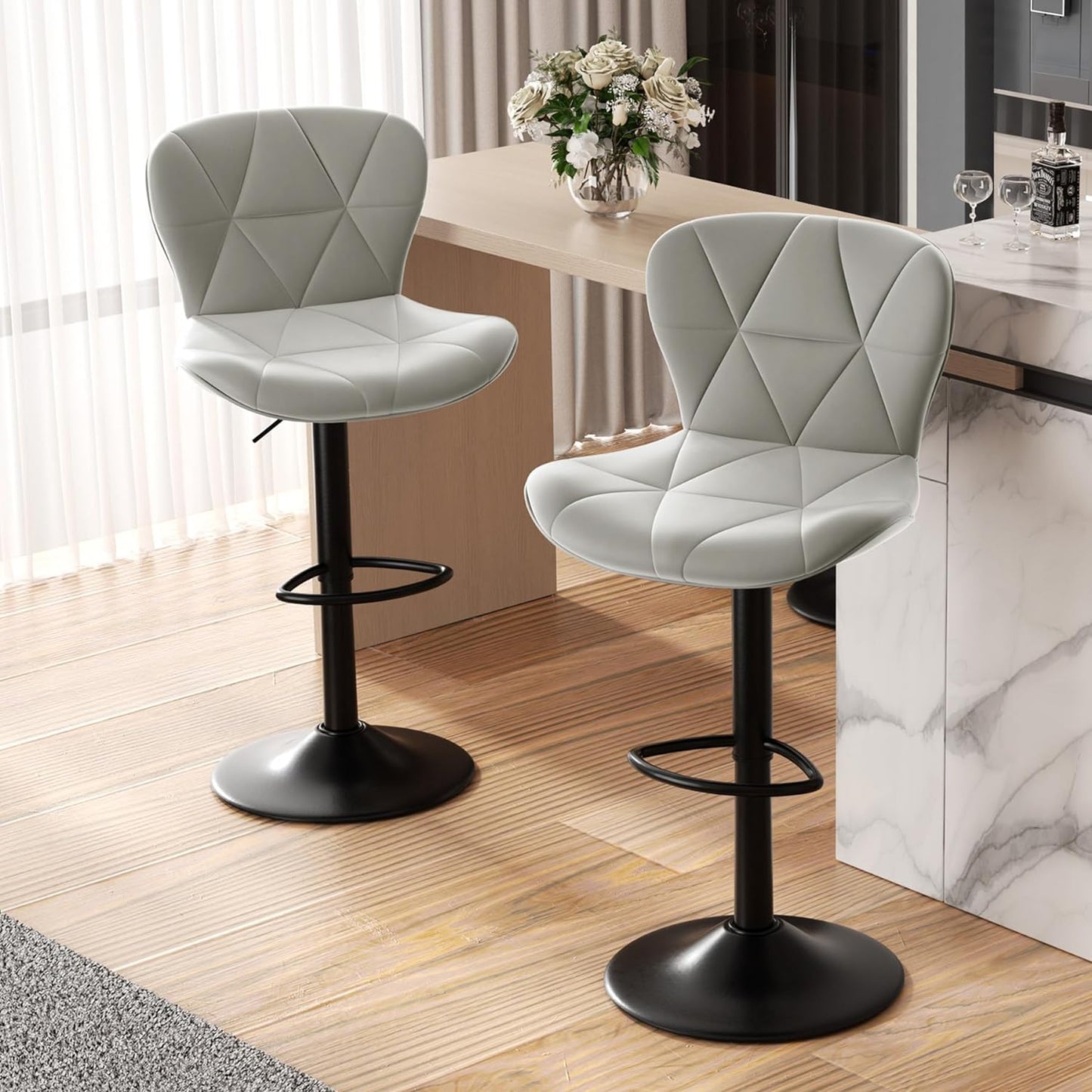 Set of 2 Adjustable Faux Leather Upholstered Swivel Bar Stools with Back for Kitchen Island, Counter Height, Black