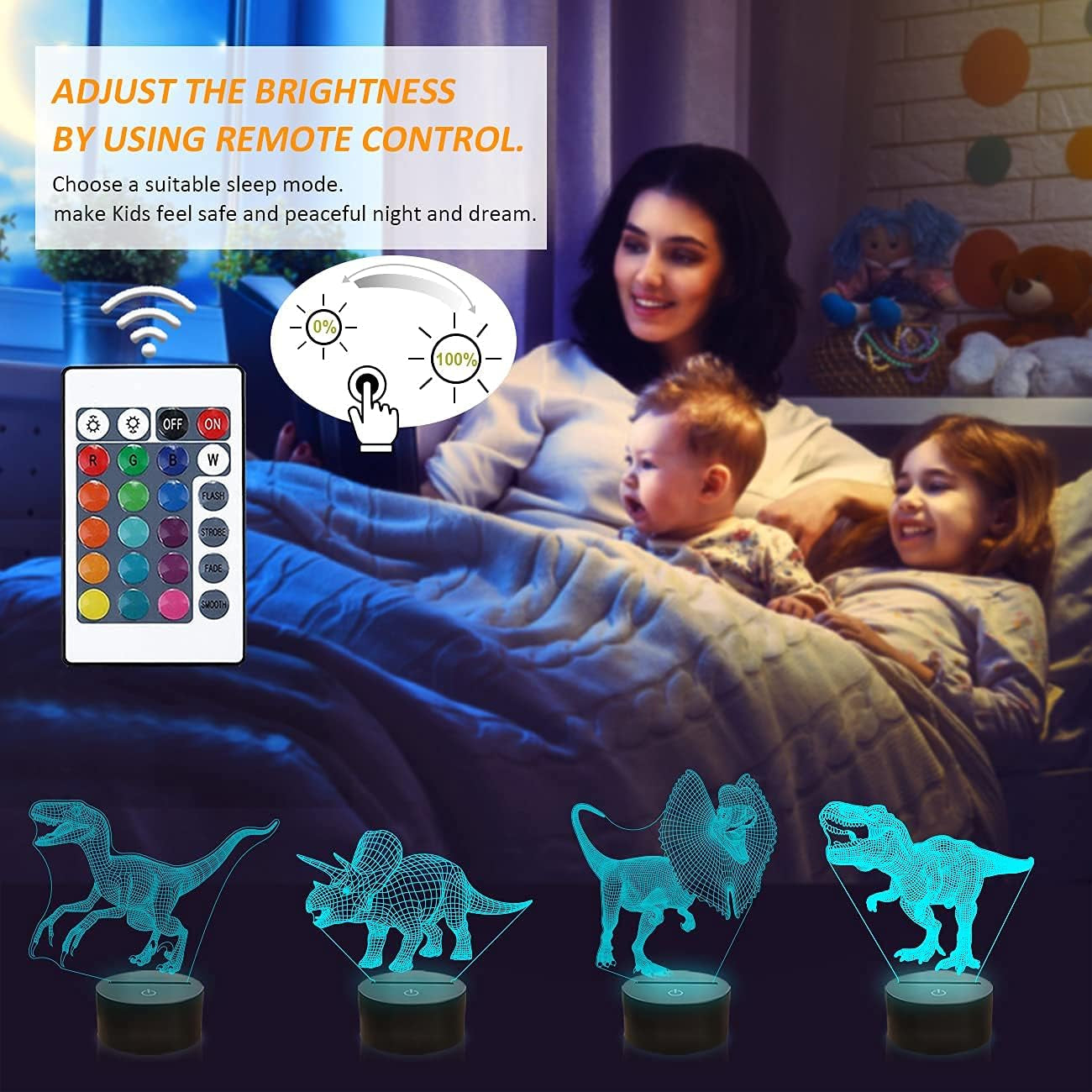 Dinosaur 3D Hologram Illusion Bedside Lamp with Remote Control, 16 Color Changing and Dimmable Features - Ideal Gift for Boys and Children for Christmas and Birthdays