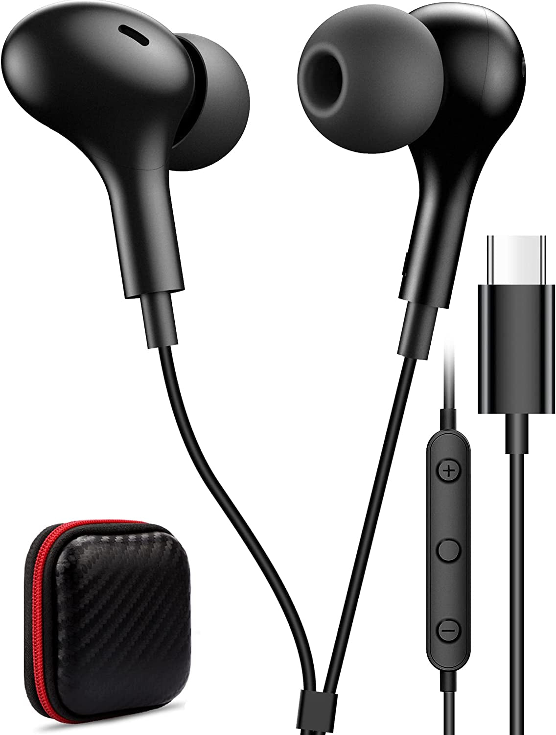 USB C Wired Earbuds with Microphone and Volume Control, Magnetic In-Ear Design, Bass Noise Cancelling (Black)