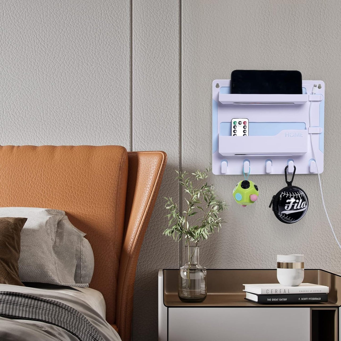 Wall-Mounted Bedside Shelf Organizer with Hooks and Cable Management Clips - White Plastic Storage Solution for Electronics and Accessories