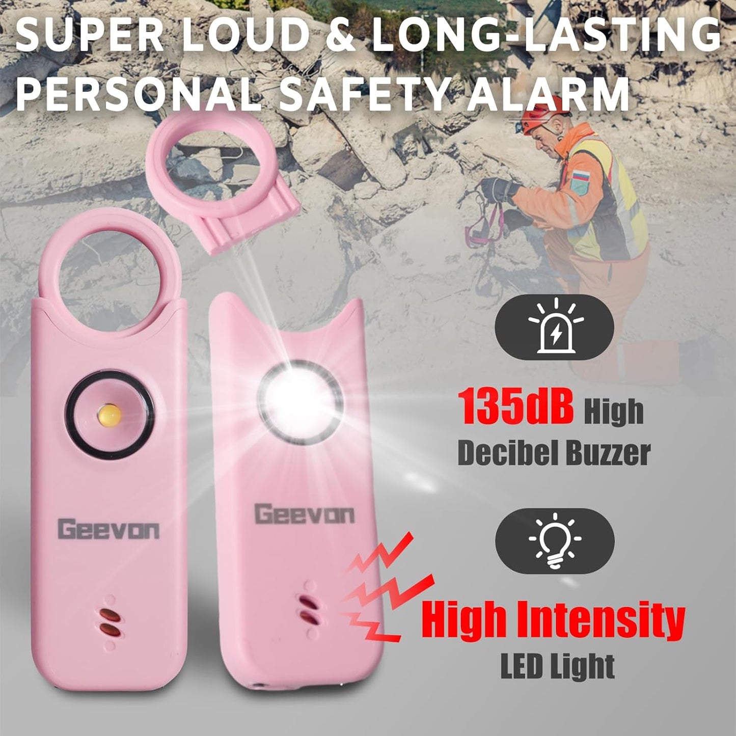 Personal Safety Alarm Set - Women - 135DB Loud Siren with LED Strobe Light, Rechargeable (Mint & Pink)