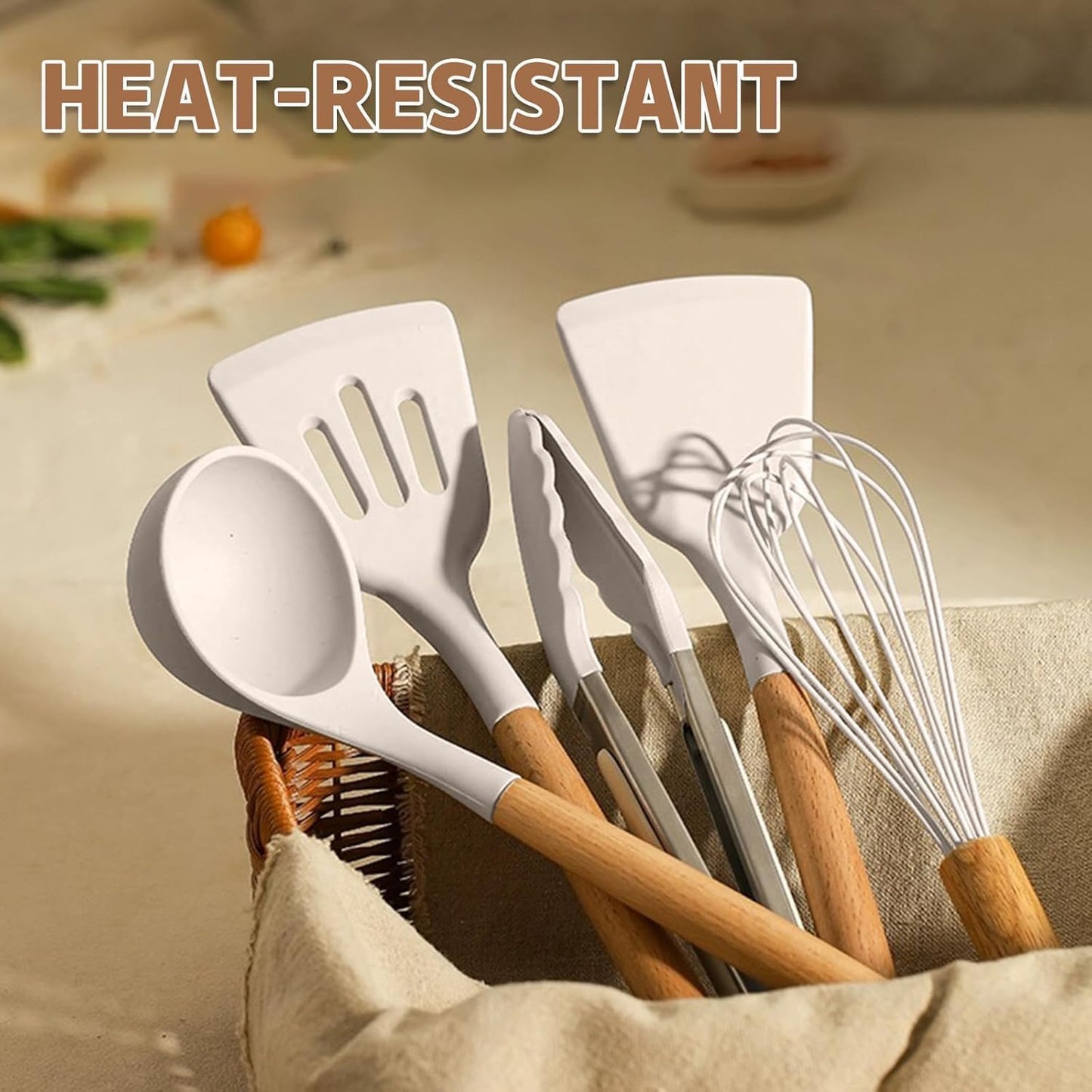 33-Piece Non-Stick Silicone Kitchen Utensils Set with Wooden Handles and Holder (Khaki)