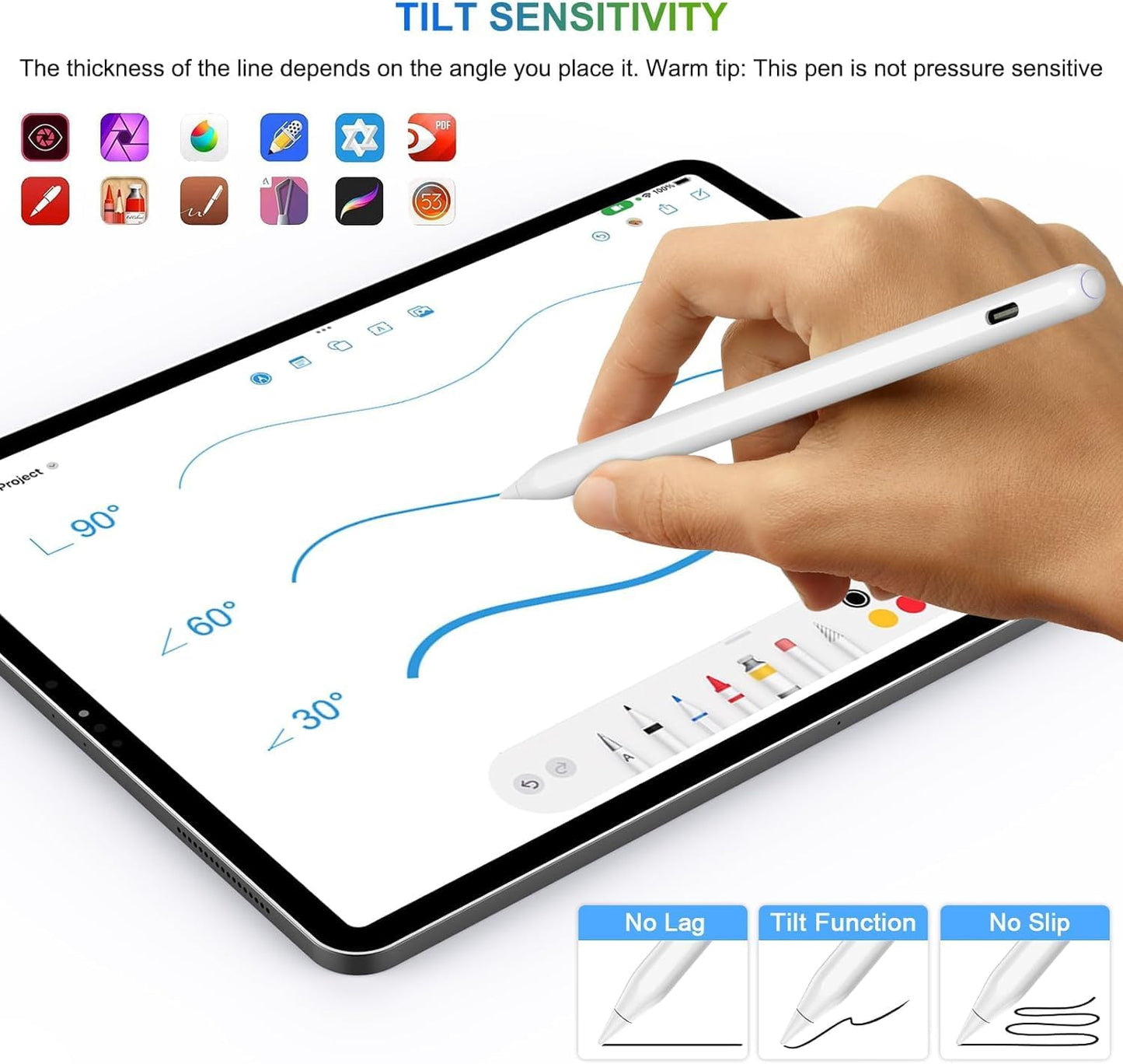 2nd Generation Wireless Charging Pencil for iPad with Tilt and Palm Rejection - Magnetic Stylus Pen - White