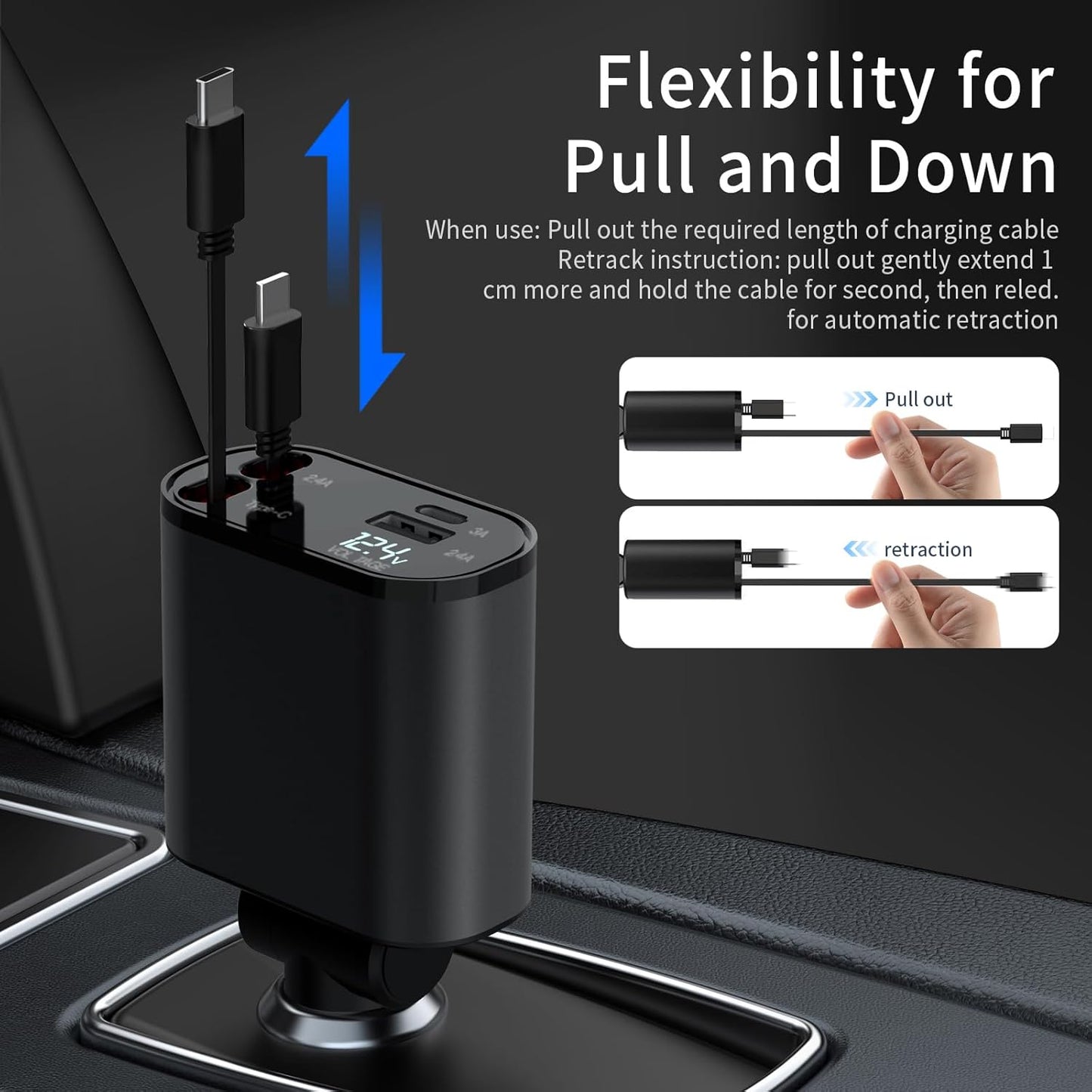 Retractable 4-in-1 Fast Charging Car Charger - 60W with Retractable Cable and Dual USB Ports