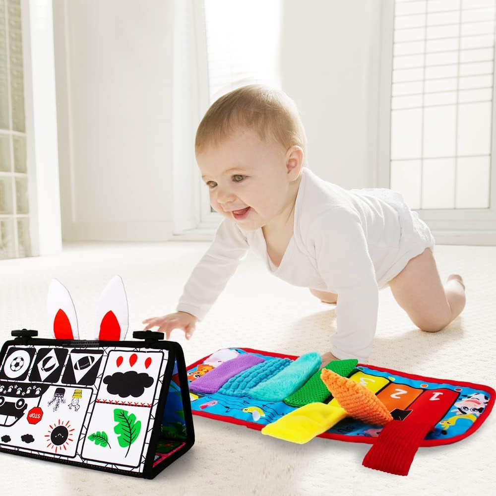 Tummy Time Mirror Toy Activity Circle Mat - High Contrast Black - White Developmental Play Set, Infants 0-6 Months, Sensory Textures, Squeaker Piano