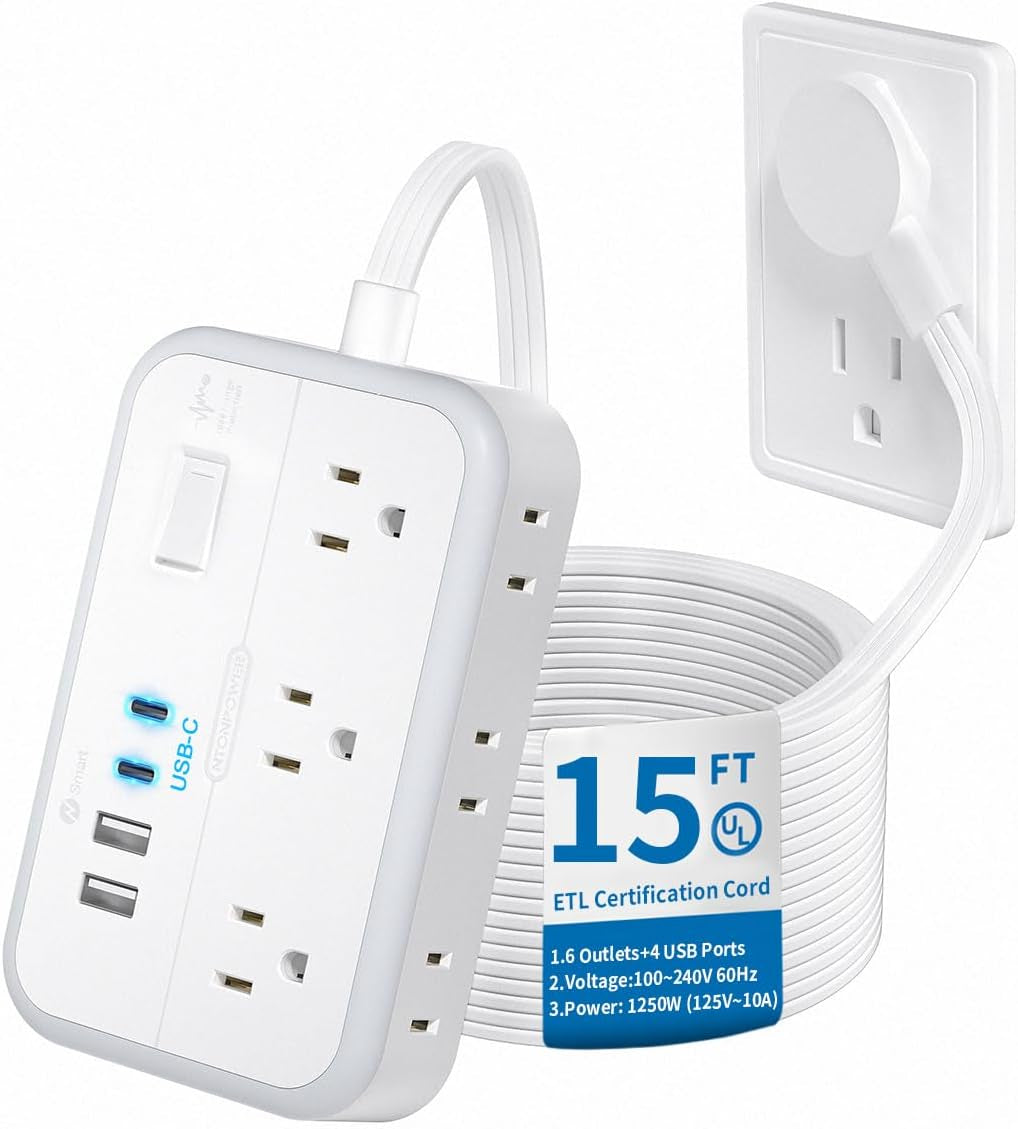 Flat Plug Surge Protector Power Strip - 6 Outlets and 4 USB Ports (2 USB-C), 5 Ft Flat Extension Cord for Home, Office, Dorm Room Use