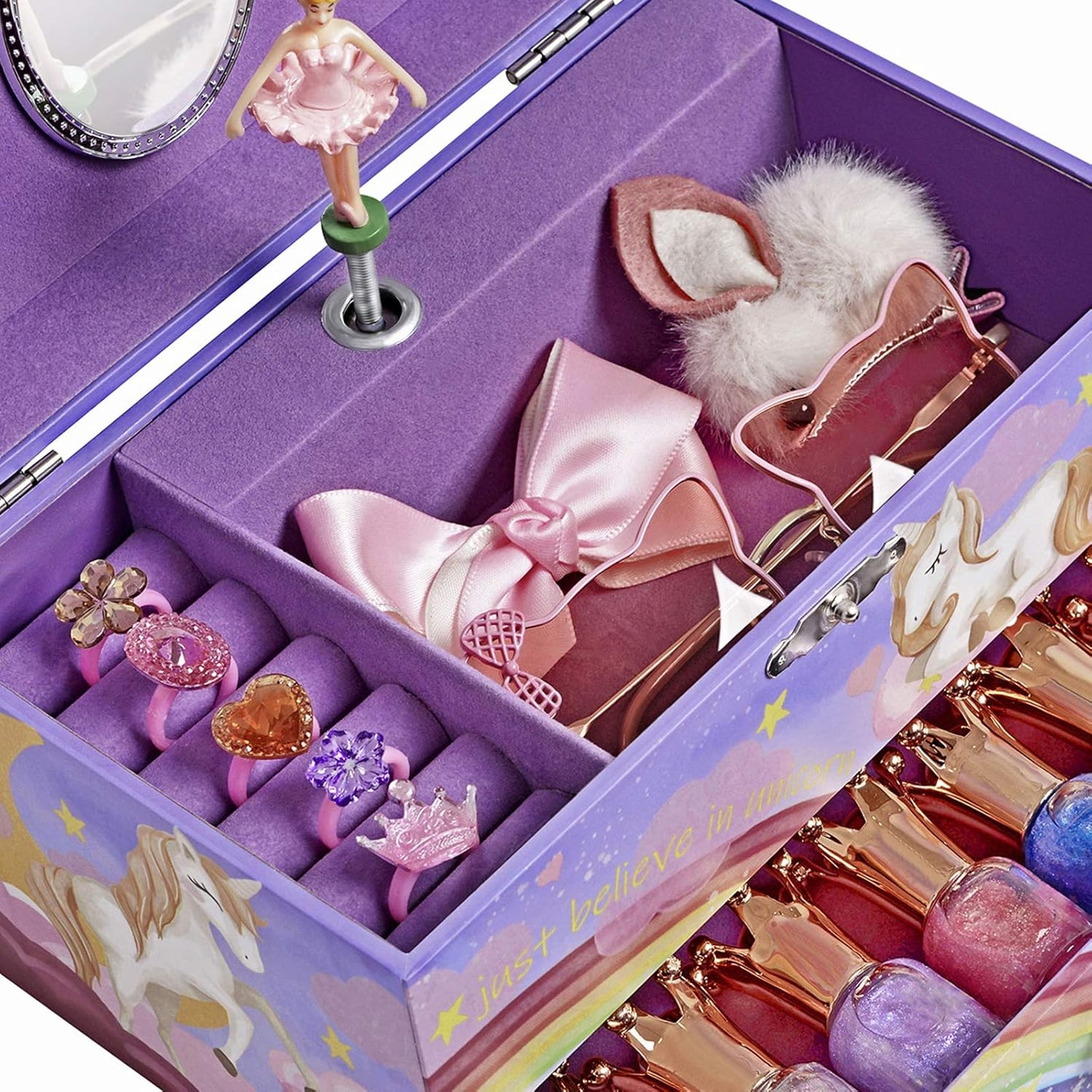 Music Jewelry Box, Ballerina Music Box, Rainbow and Unicorn, 7.5 X 4.3 X 4.3 Inches, Purple