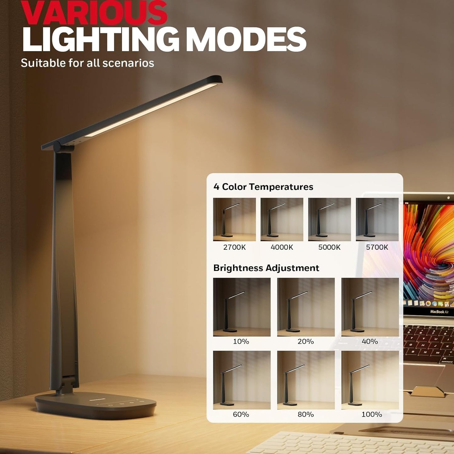 LED Desk Lamp - Eye-Caring, Foldable Design with USB Charging, 4 Color Modes, Stepless Dimming, Auto Timer, Touch Control