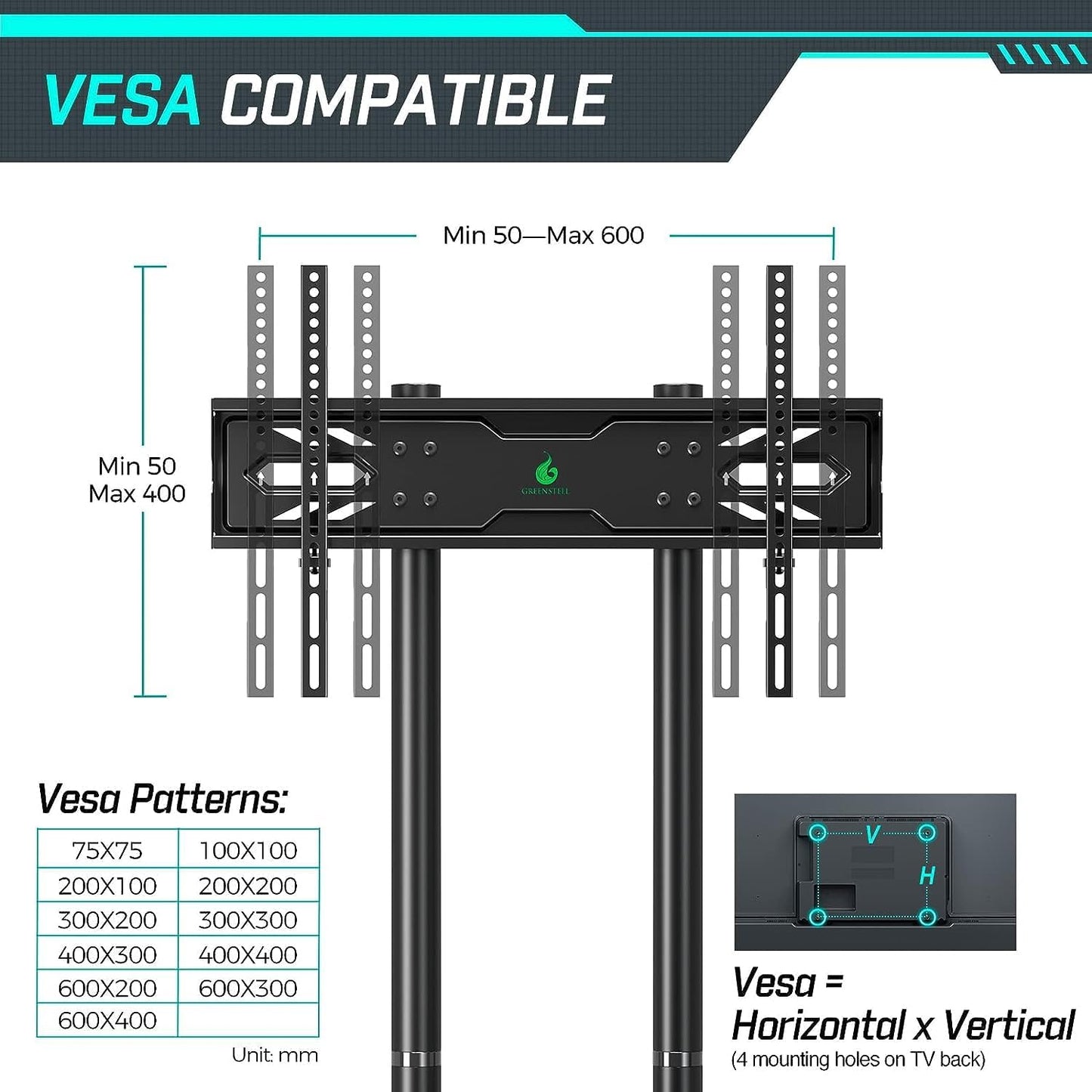 Mobile TV Cart with Power Outlet for 32-85 Inch Flat and Curved Screens Up to 132 lbs, Height Adjustable Rolling Stand with AV Shelf, Max VESA 600x400mm