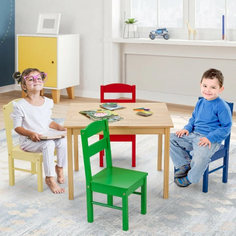 5 Pieces Kids Pine Wood Table Chair Set
