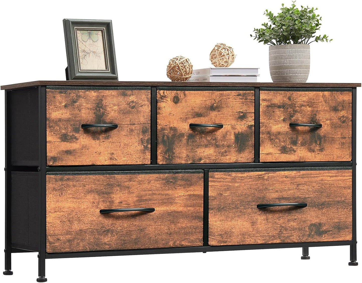 5-Drawer Dresser with Fabric Bins - Versatile Storage Organizer - Wood Grain Finish