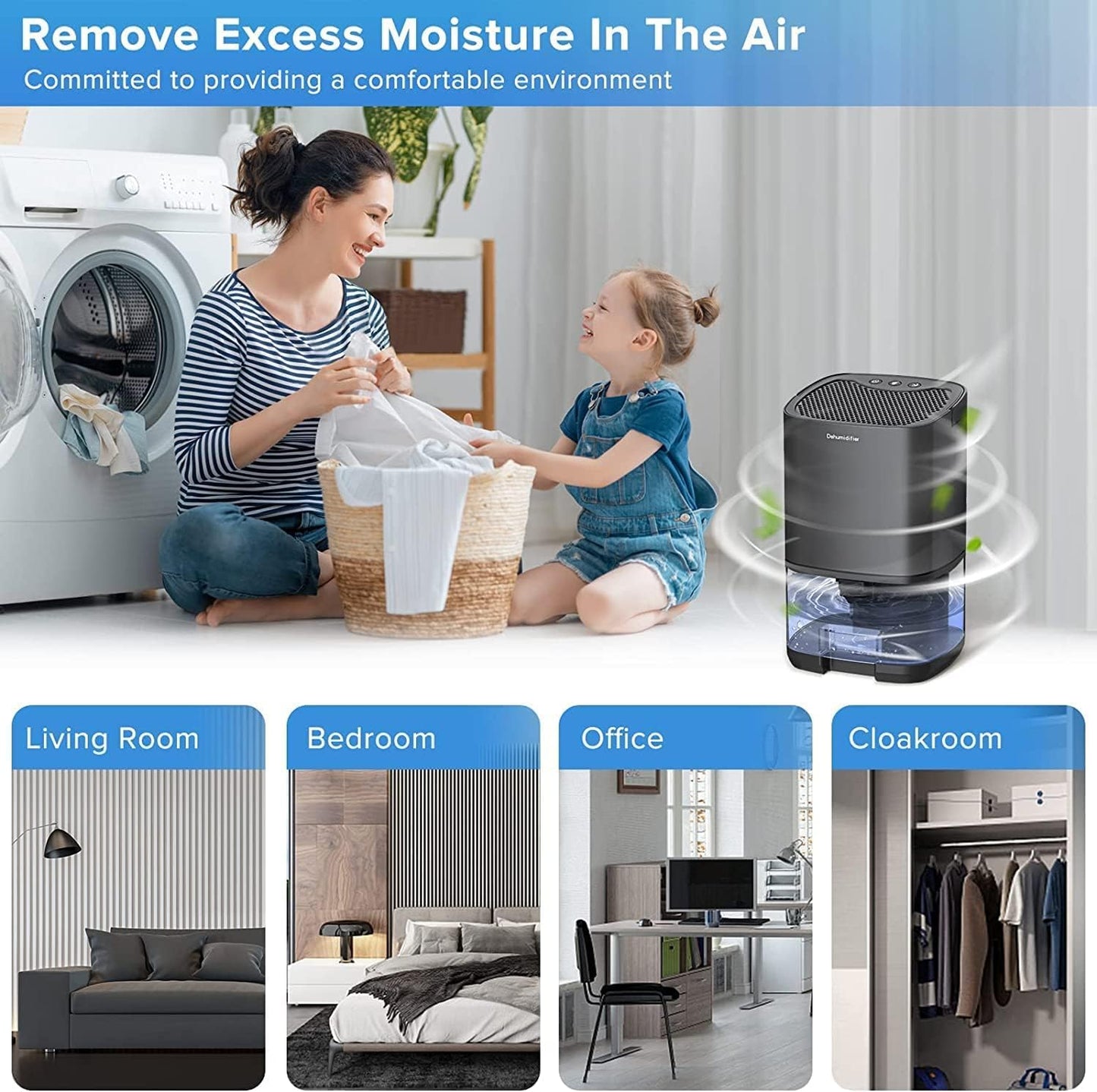 Compact 35 OZ Dehumidifier for Home with Auto-Off Feature, Portable Mini Unit for Bedroom, Bathroom, RV, and Closet, 7-Color LED Lights and Sleep Mode, Black