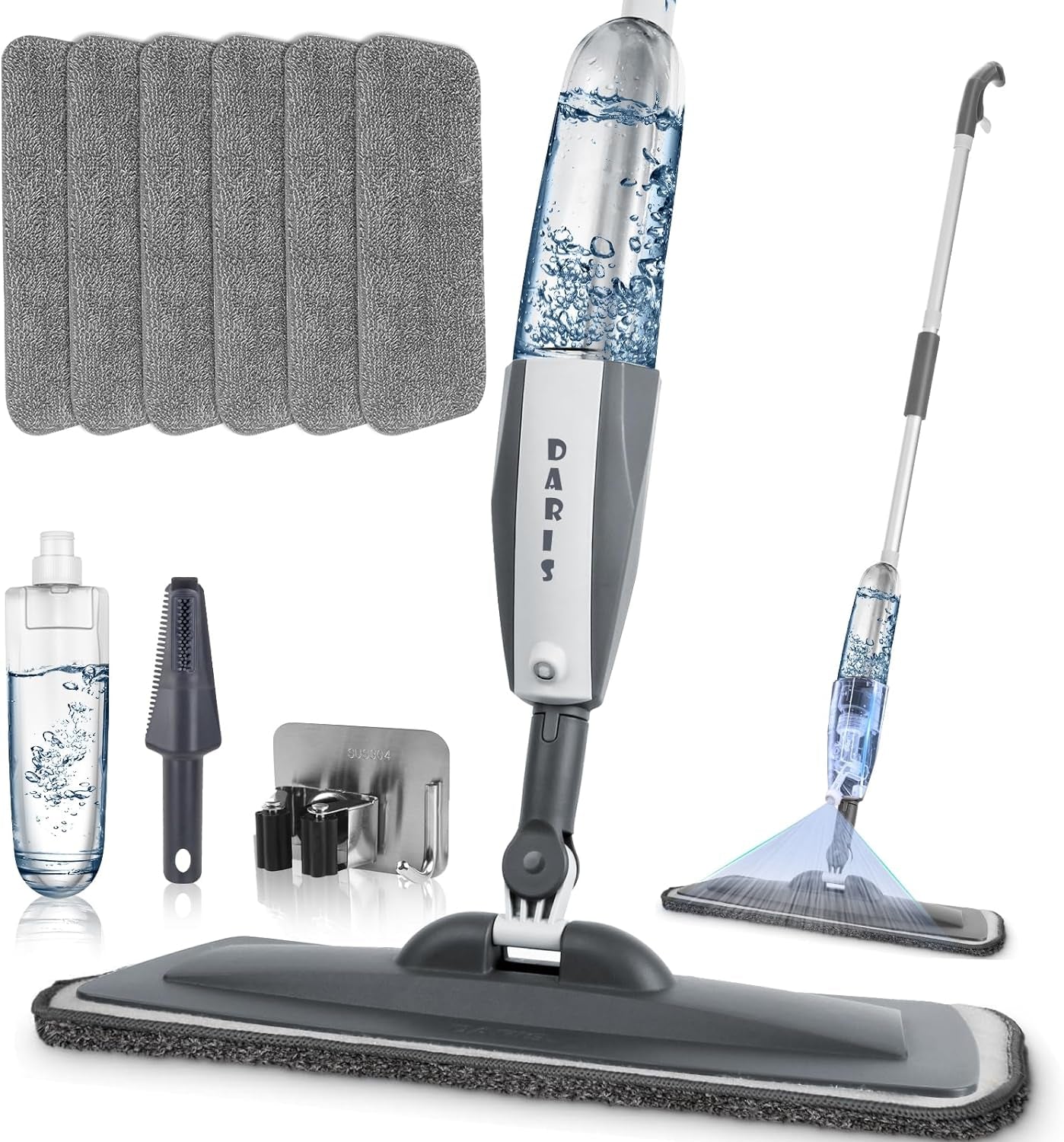 Microfiber Spray Mop - 360-Degree Spin Dust Mop - 12 FL.OZ Refillable Bottle, 4 Reusable Microfiber Pads, Scrubber and Holder