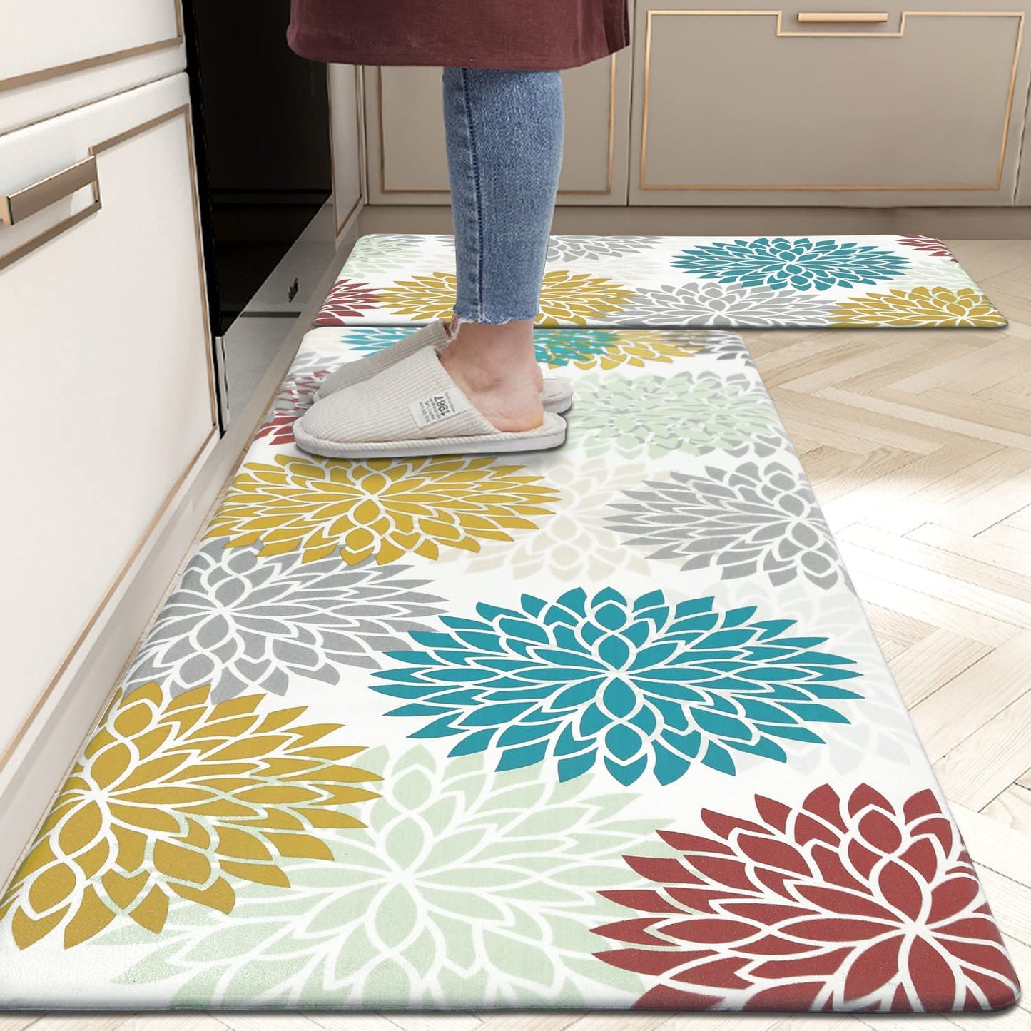 Anti-Fatigue Kitchen Rug Set - 2-Piece Non-Skid Cushioned Floor Mats (17" x 48" & 17" x 28") - Waterproof Runner Mats