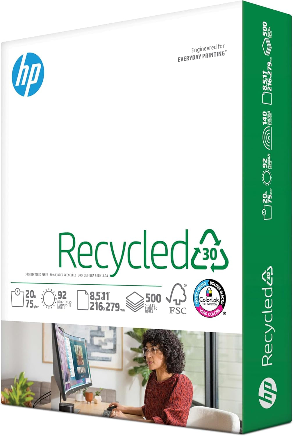 HP 8.5x11 Recycled Printer Paper, 20 lb, 30% Postconsumer Content, 500 Sheets per Ream, 92 Bright, FSC Certified, Made in USA