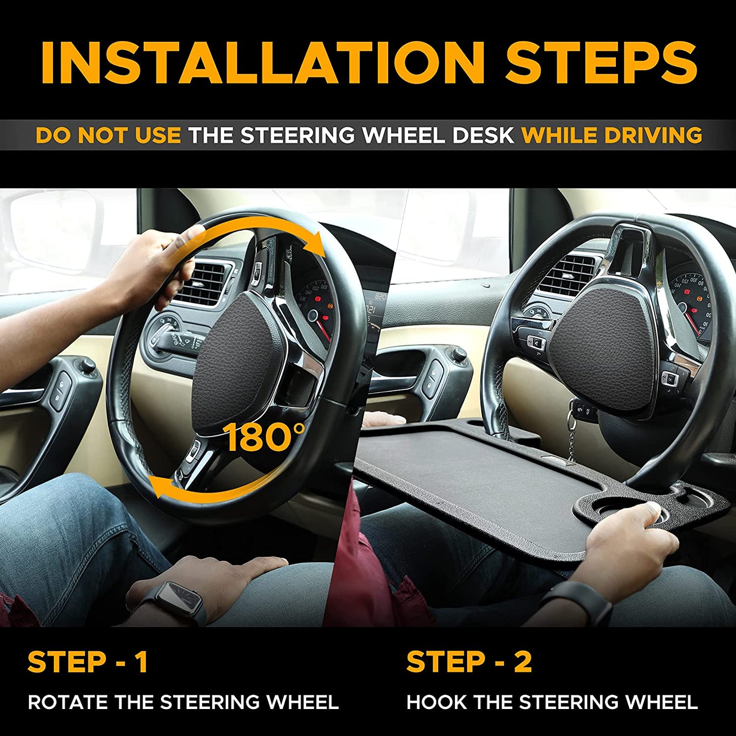 2-in-1 Car Steering Wheel Desk and Tray | Laptop Mount with Pen Holder | Food and Drink Tray for Travel | Versatile Car Accessories