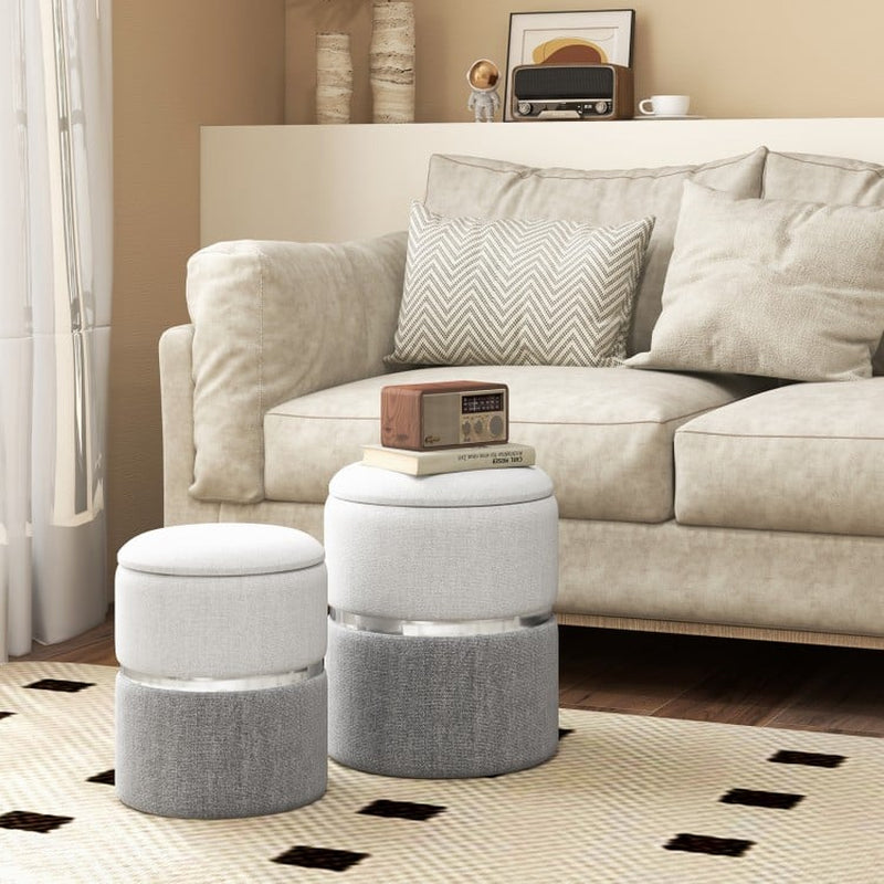 Set of 2 Velvet and Linen Fabric Storage Ottomans