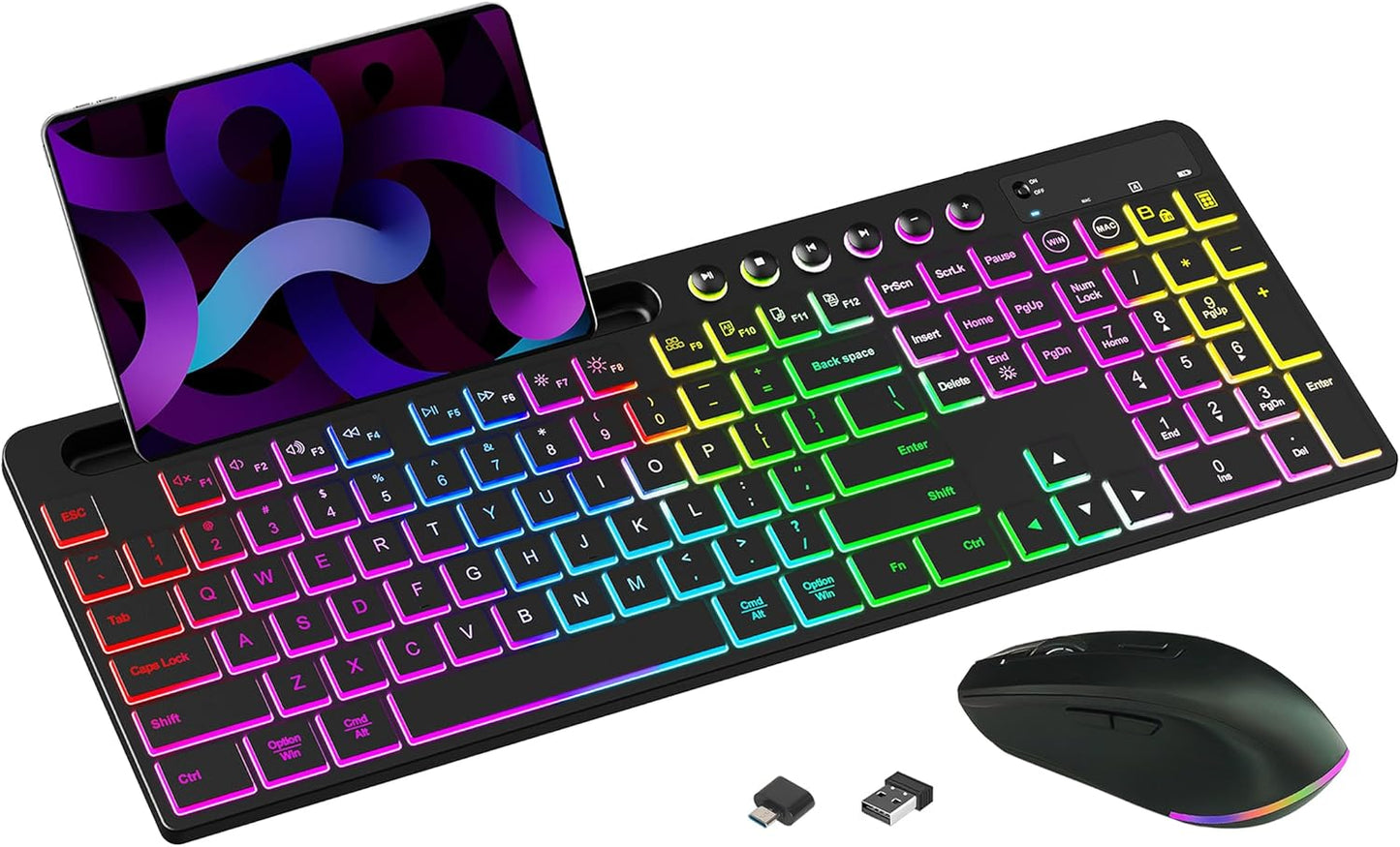 Backlit Wireless Keyboard and Mouse Set with Rechargeable Battery, Device Stand, RGB Lighting, and Dual Layout Compatibility