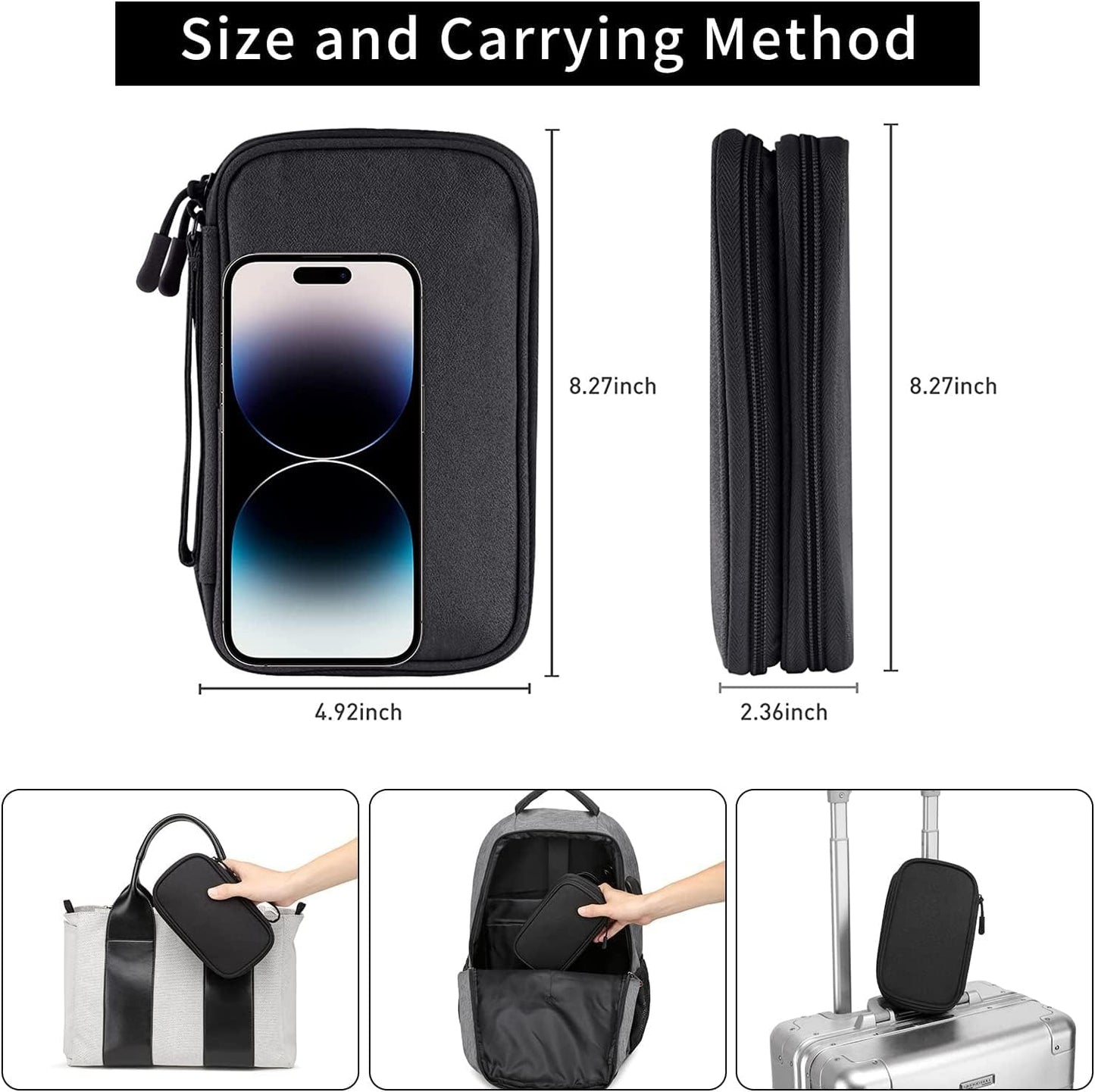 Portable Electronics Travel Organizer - Waterproof Double Layer Design for USB Drives, Cords, Chargers, Phones, Earphones, Power Banks, Mouse, and SD Cards - Black