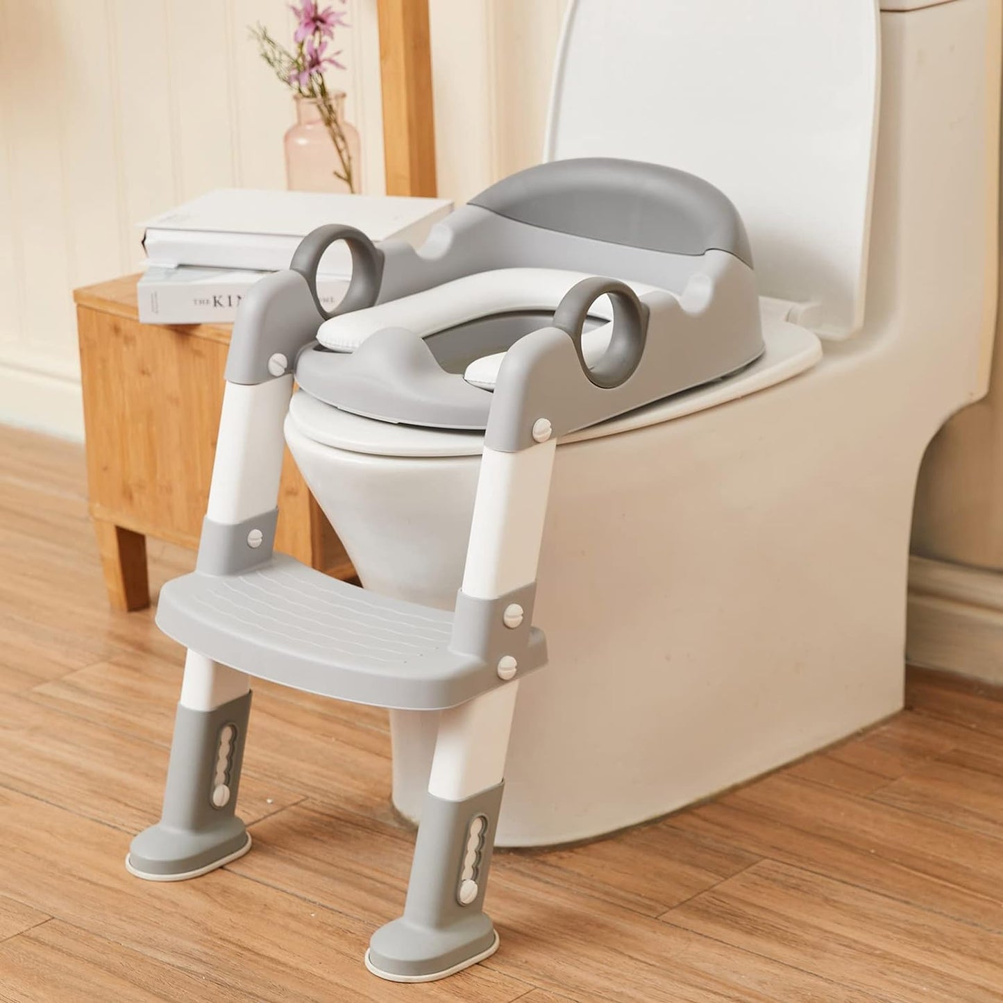 Potty Training Toilet Seat with Step Stool Ladder for Toddlers - Padded Non-Slip Design with Handles (Gray)