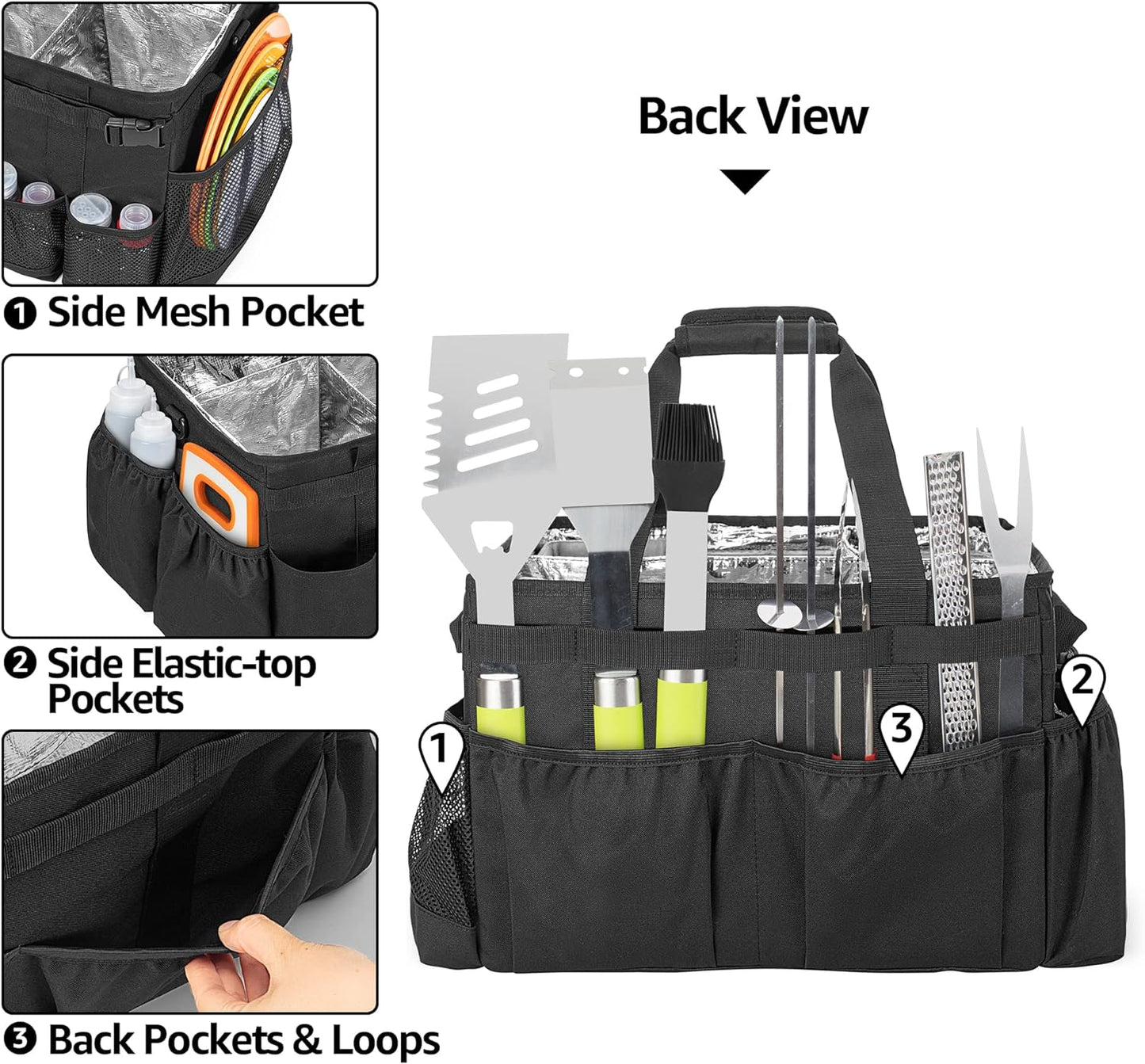 Large Grill Utensil Caddy with Paper Towel Holder - Collapsible Picnic Bag Organizer for BBQ Supplies, Black (Bag Only)
