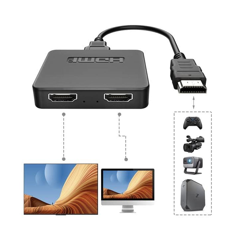 4K HDMI Splitter - 1 Input to 2 Outputs, Supports Multiple Display Sizes, Duplicate/Mirror Functionality (No Extension)