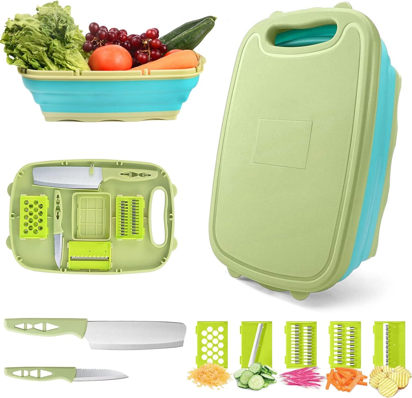 Collapsible 9-in-1 Camping Cutting Board with Colander - Multi-Functional Chopping Board and Vegetable Washing Basket