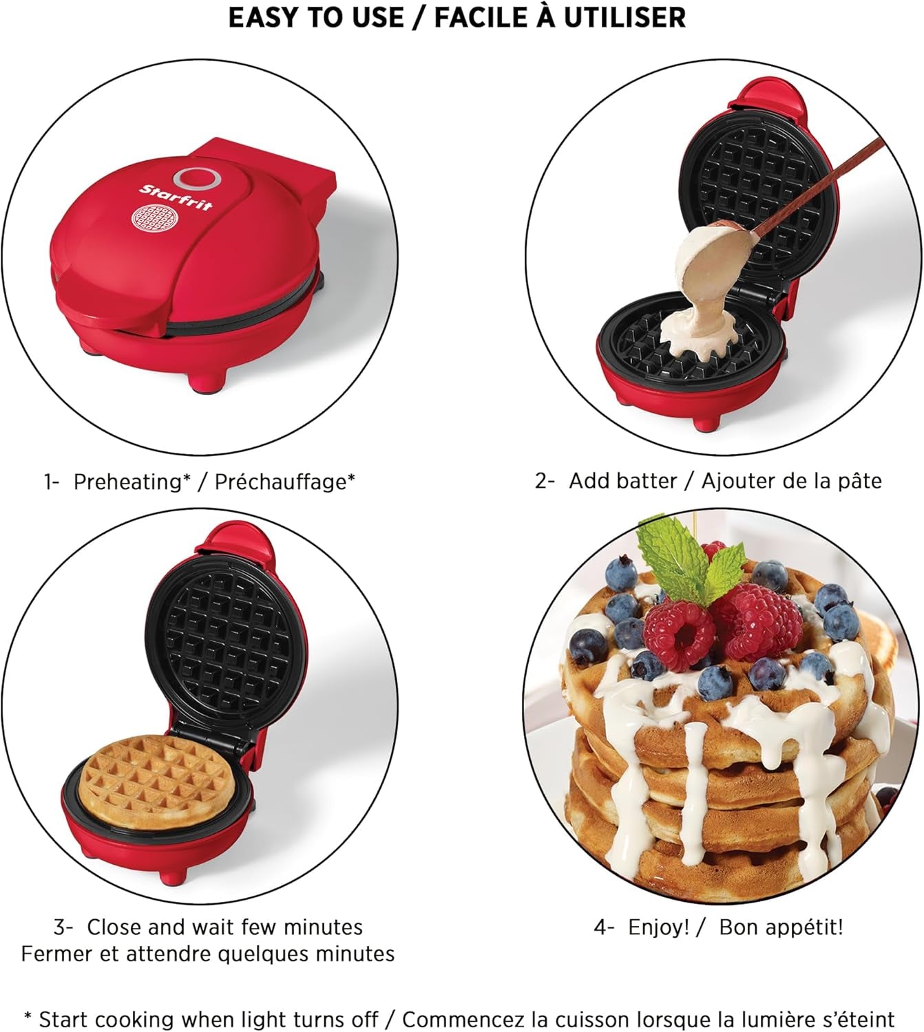 Electric Mini Waffle Maker with 4-Inch Non-Stick Cooking Surface - User-Friendly and Easy to Clean - Red - 350W