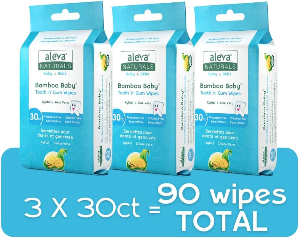 Bamboo Baby Tooth and Gum Wipes - Healthy Child Care, Natural and Vegan Wipes, Formulated - Xylitol - Value Pack- 30 Count X 3 (90 Wipes Total)
