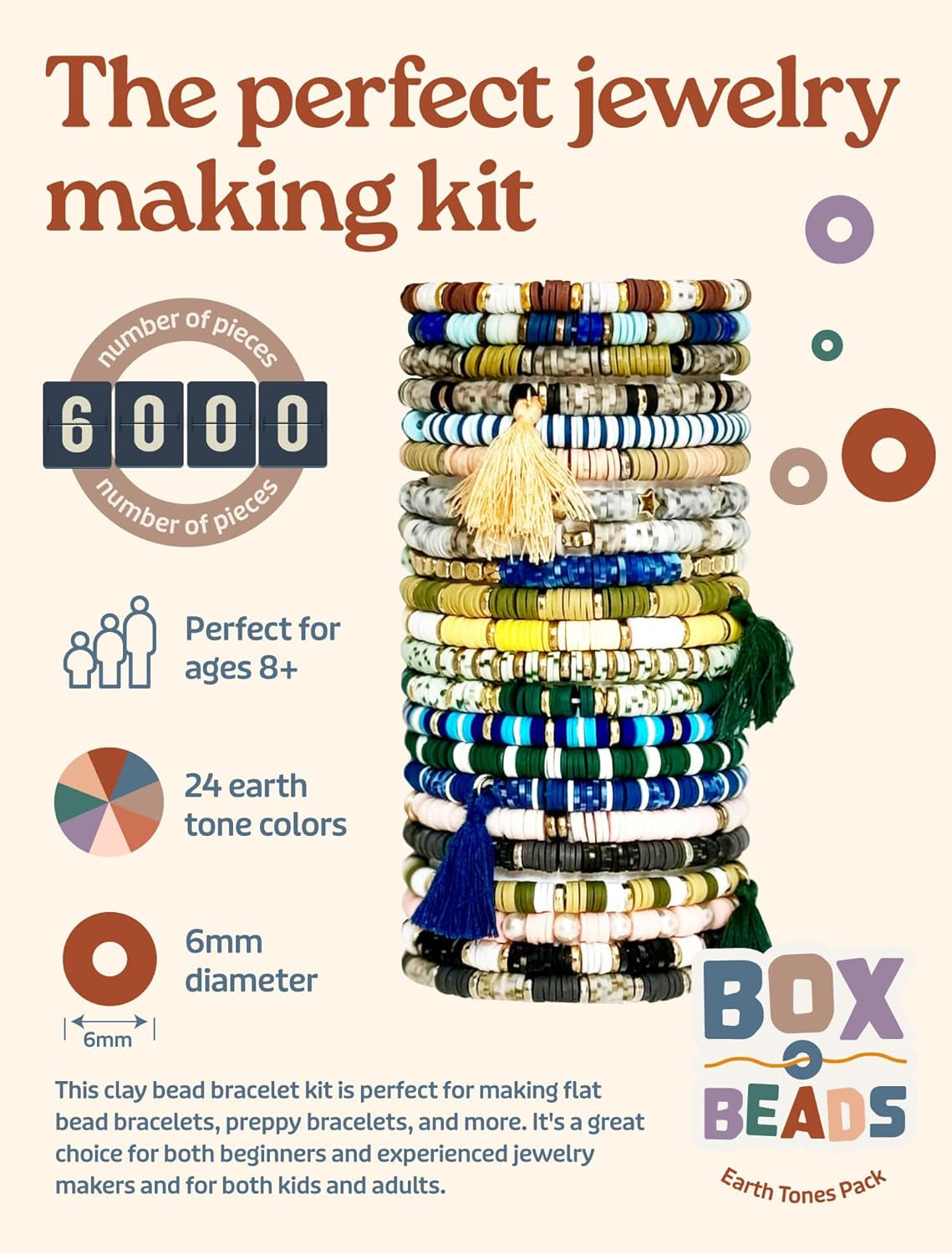 Clay Beads Bracelet Making Kit - 6000 Pcs Polymer Clay Heishi Beads for Jewelry Creation, Ideal DIY Kit for Kids & Teens Ages 8-12, Featuring 24 Earth Tone Colors and 6mm Beads
