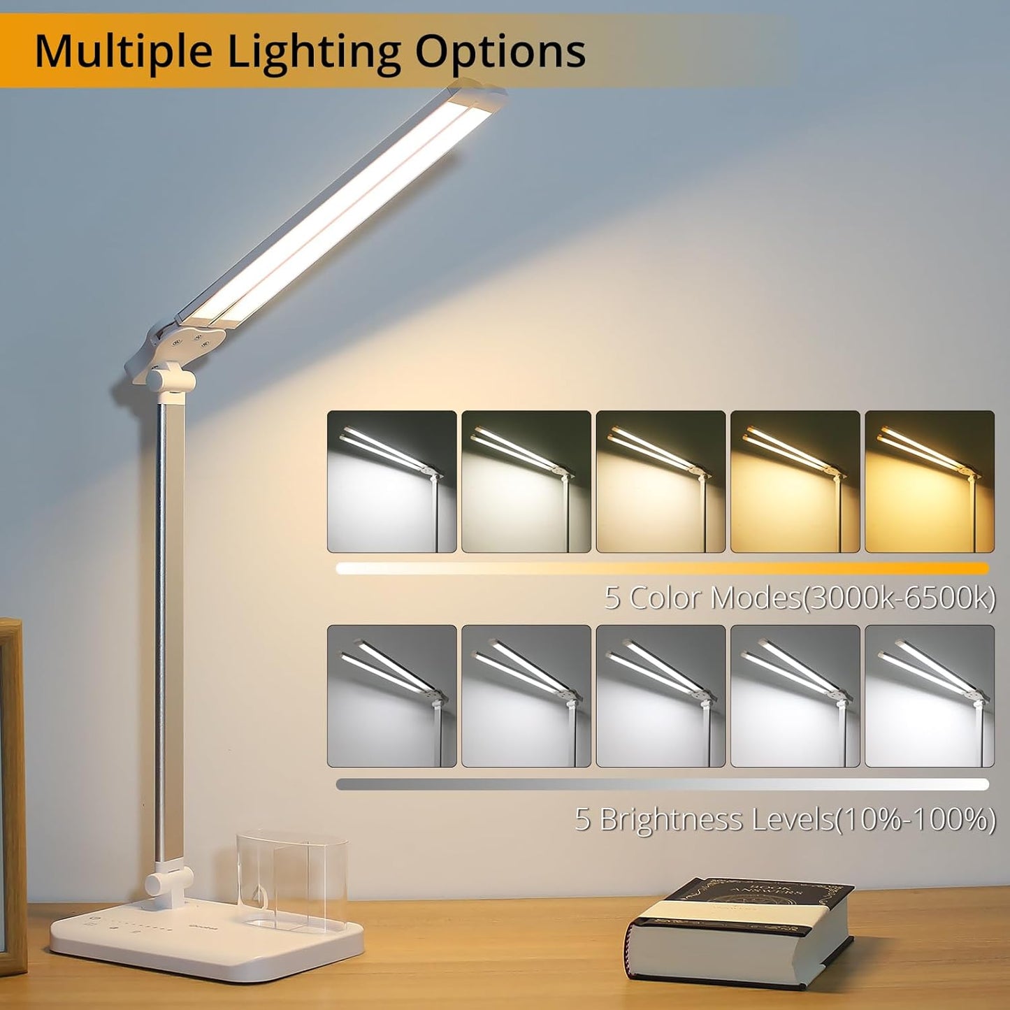 LED Desk Lamp with Touch Control, 5 Color Modes, Adjustable Brightness, Dual Swing Arm, USB Charging Port, Foldable Design, Auto Time, 5W