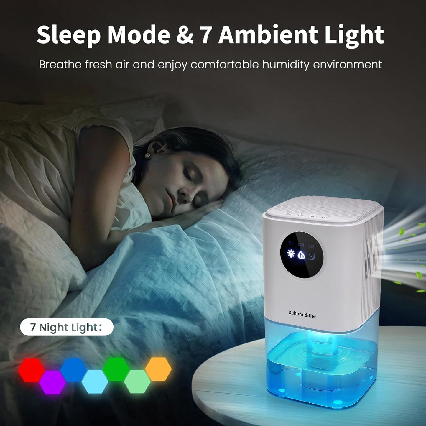 Compact 58 OZ Dehumidifier for Home, Suitable for 250 Sq.Ft, Portable Mini Unit with 7 Color LED Light, Auto Shut Off, Timer, Energy Efficient - White