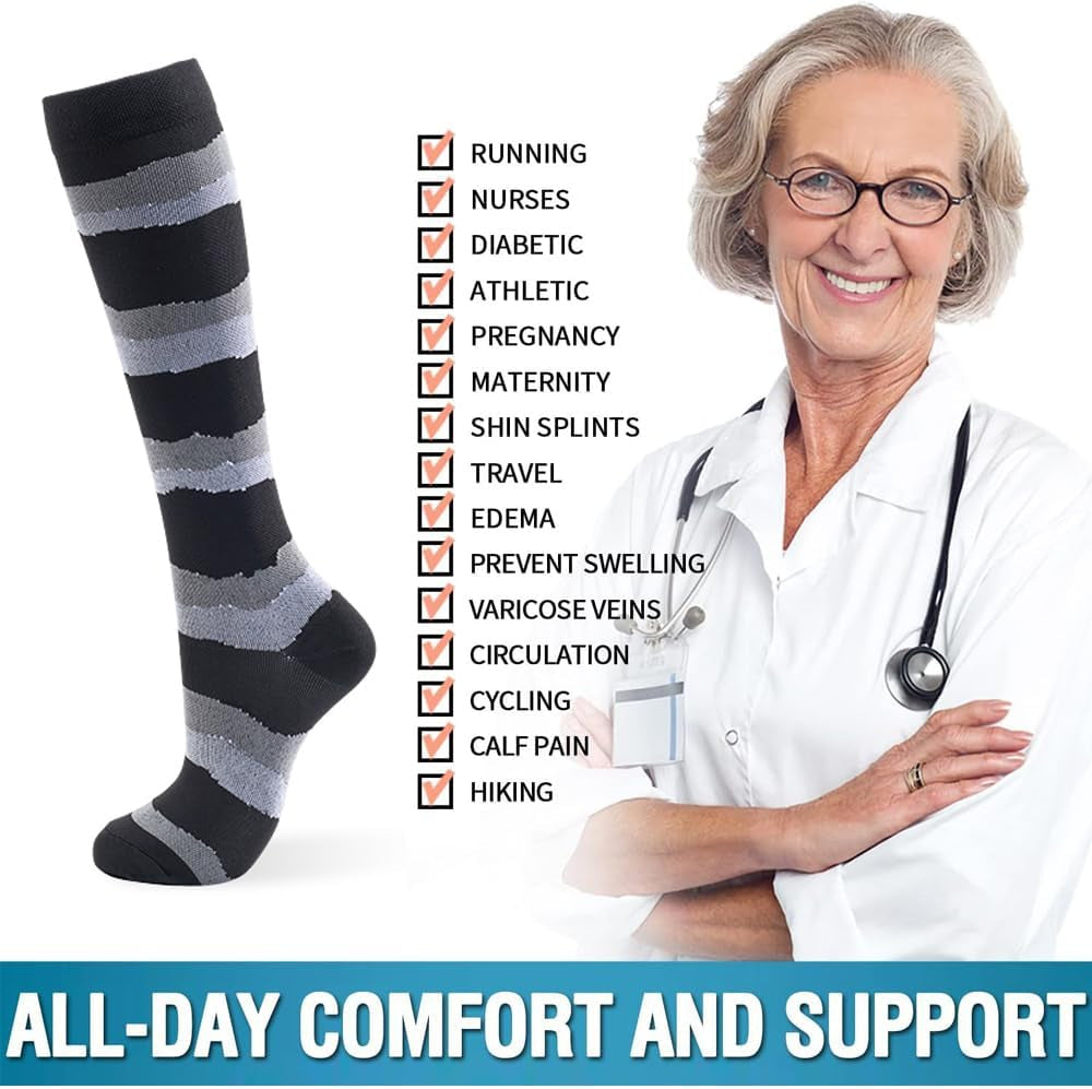 6 Pairs of Compression Socks for Men and Women - Optimal Support for Athletes and Travel Nurses (20-30 mmHg)