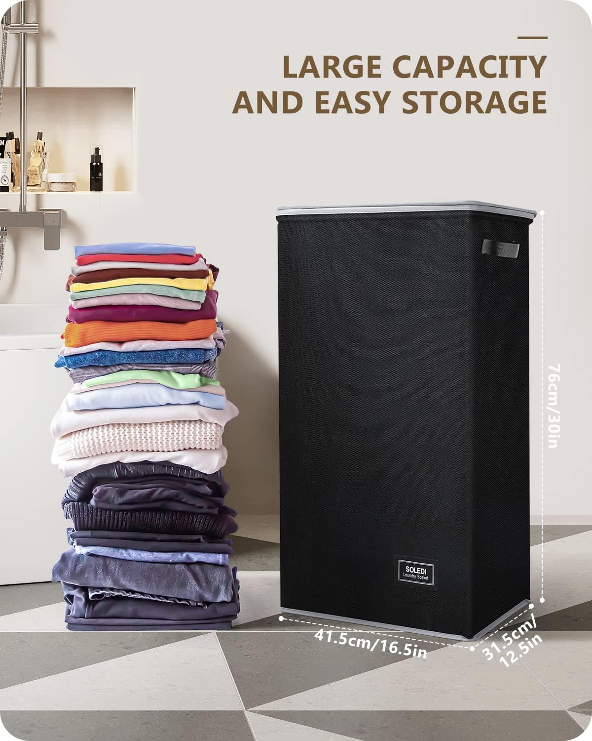 Laundry Basket with Lid 100L Large Laundry Basket Collapsible Laundry Hamper Tall Clothes Baskets Folding Washing Bin Foldable Hamper Bags for Bedroom, Closet, Bathroom, College - Black