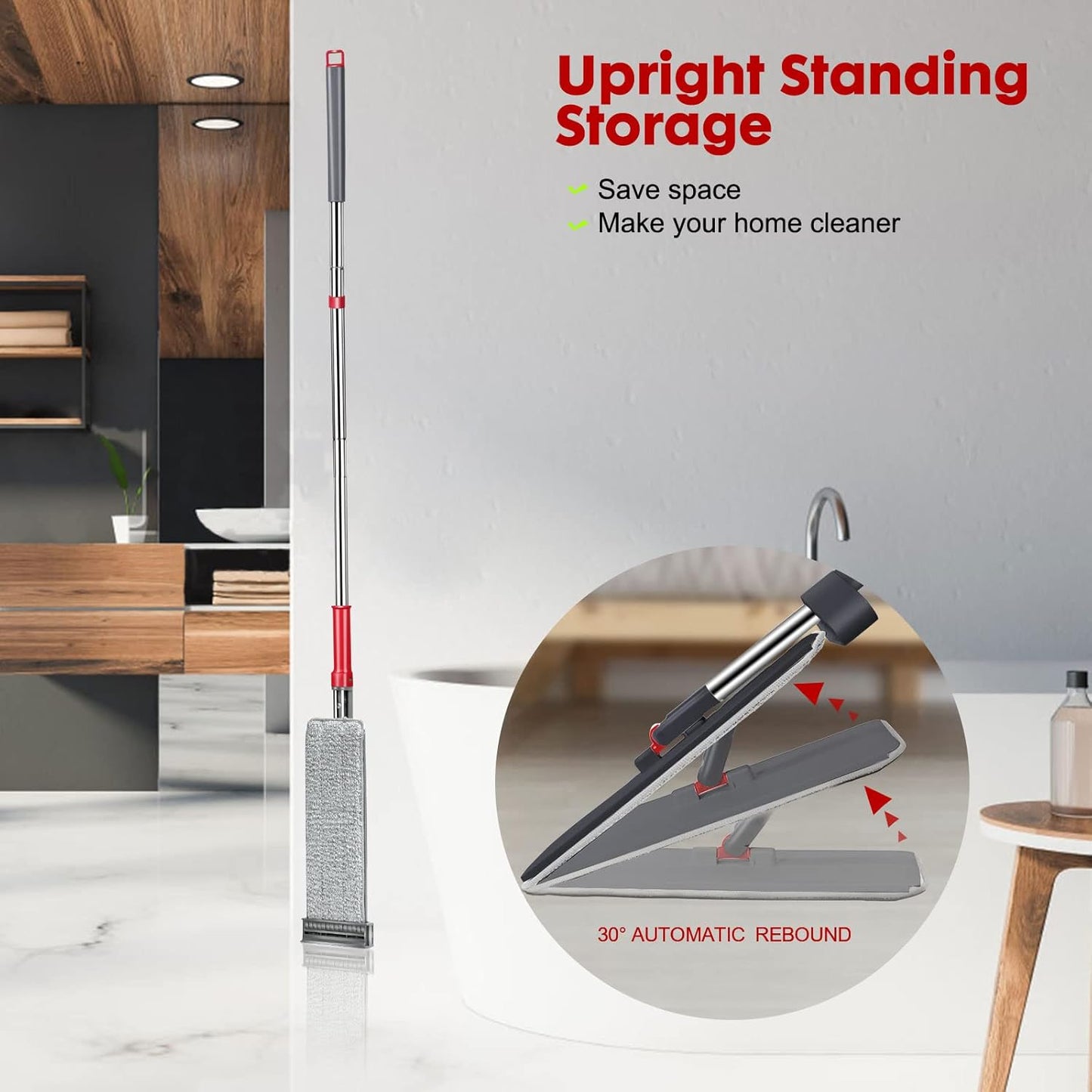 Self-Wringing Microfiber Flat Mop with 6 Washable Pads - Hands-Free Cleaning Solution for Hardwood, Laminate, and Tile Floors - Grey
