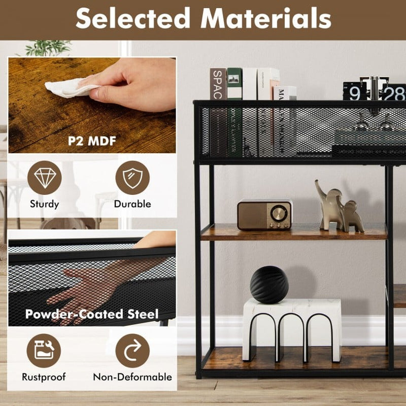 Industrial 4-Tier Console Table with Wire Basket and Shelf