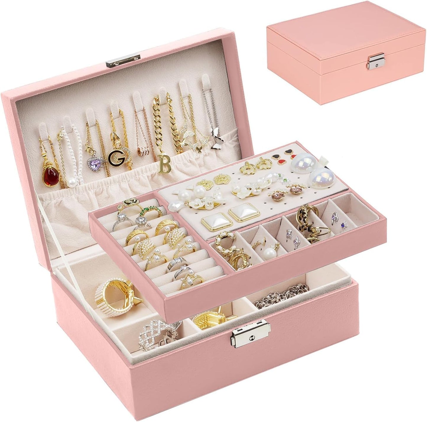 Elegant 2-Layer Jewelry Organizer Box in Black PU Leather with Soft Lining and Lock for Rings, Earrings, Necklaces, Bracelets