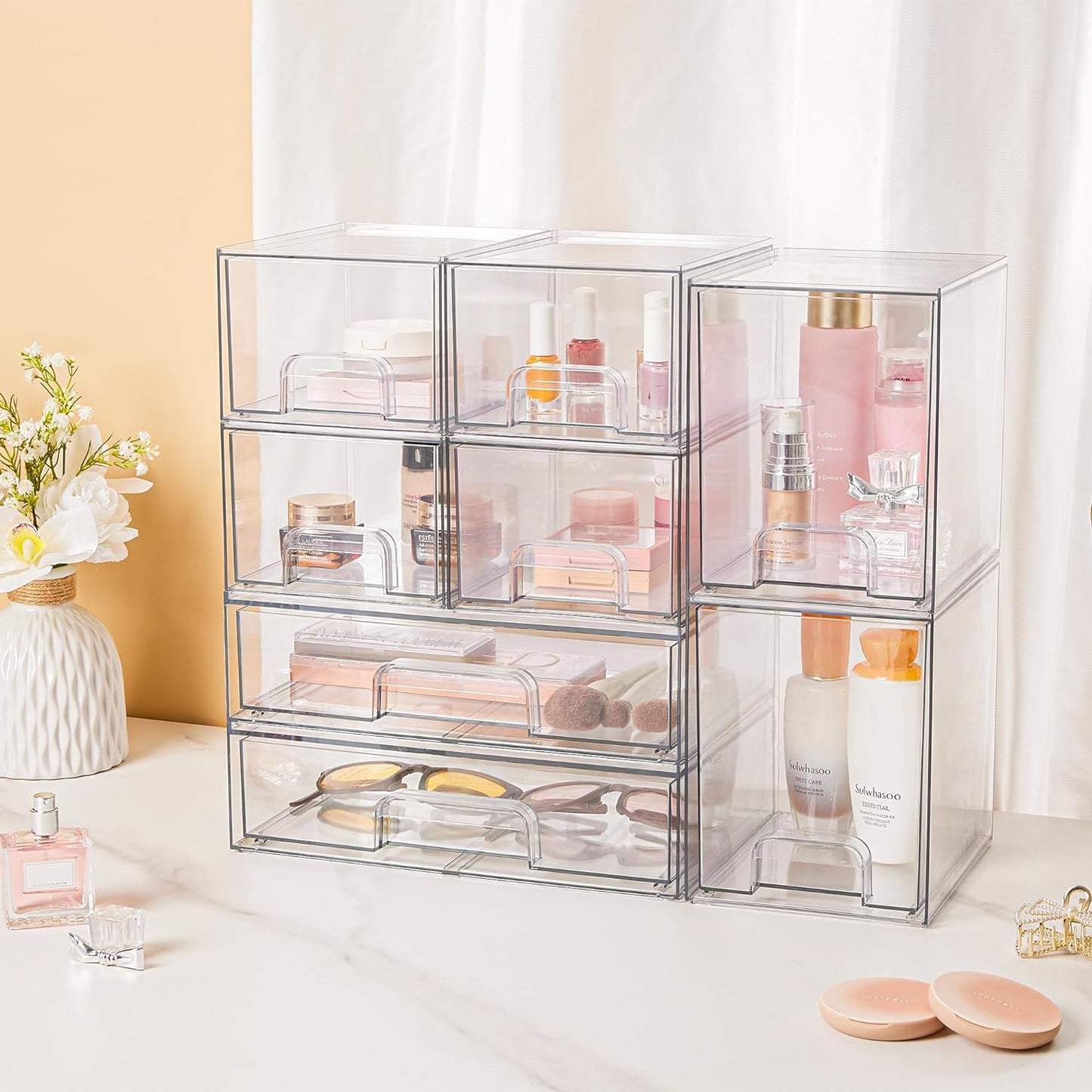 3-Pack Stackable Clear Plastic Drawer Organizers for Makeup and Beauty Supplies