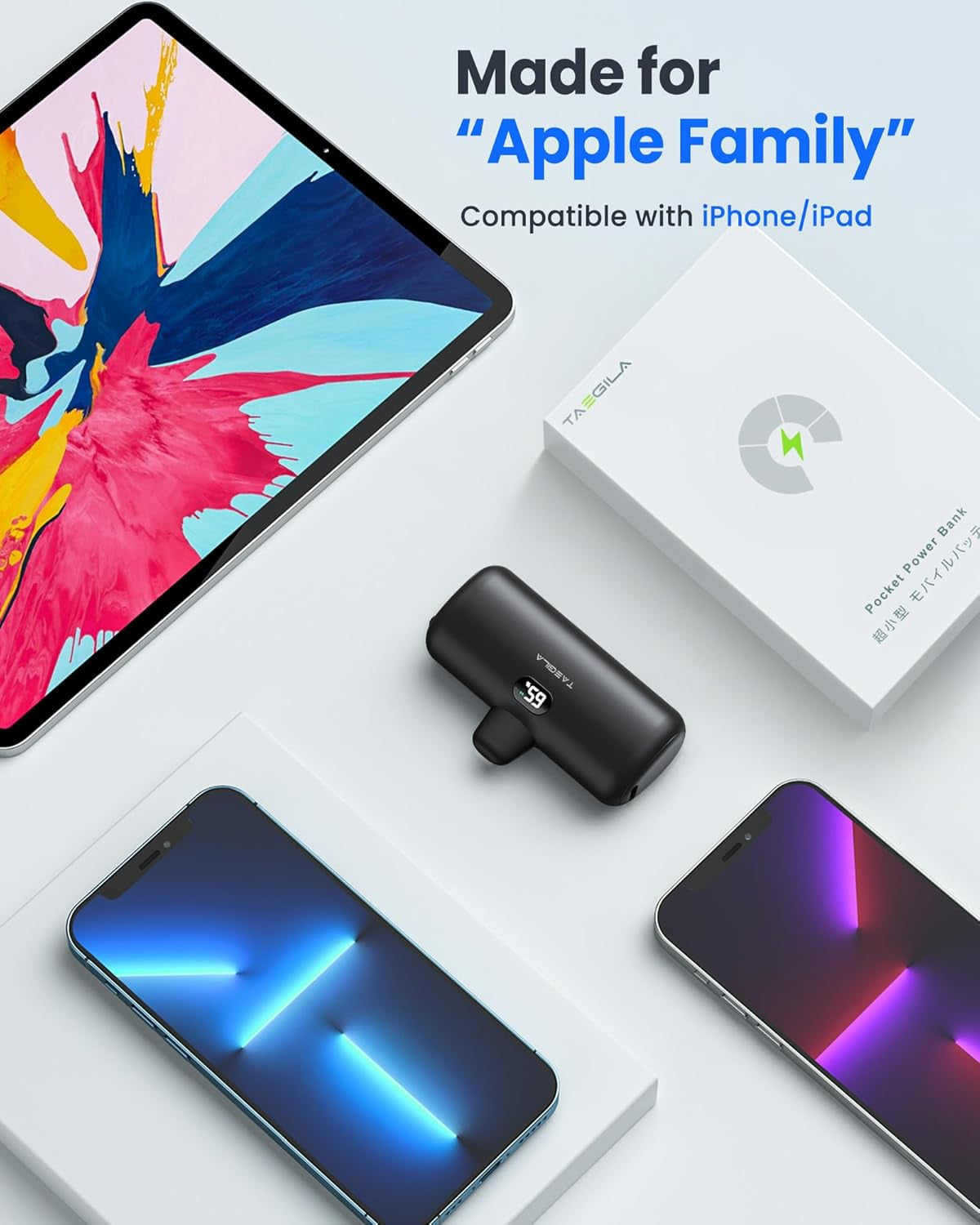 5000mAh Portable Power Bank for iPhone with Built-In Cable, MFi Certified Compact Charger featuring LCD Display & LED Light (Black)