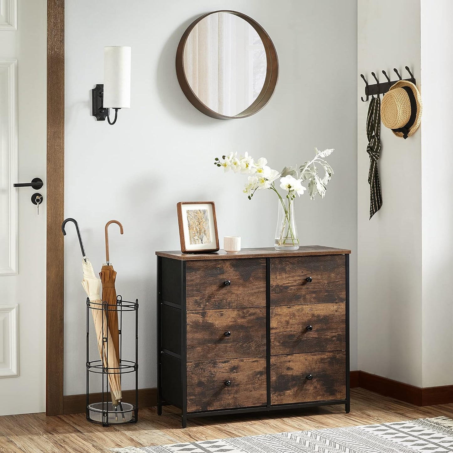 6-Drawer Bedroom Dresser with Metal Frame, Rustic Brown and Classic Black Finish