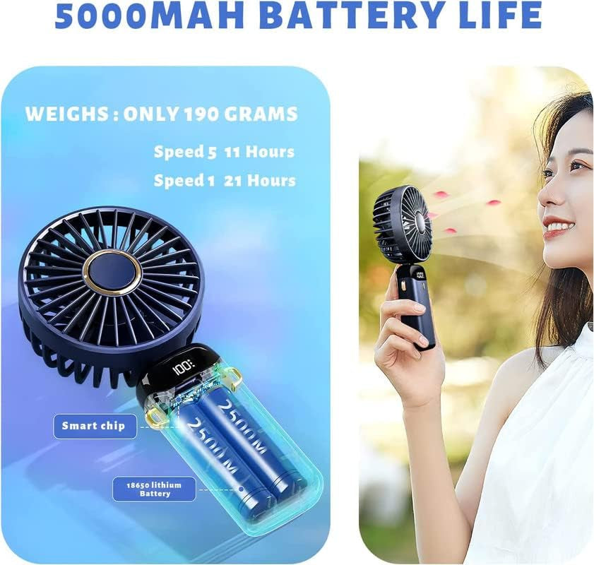 Rechargeable Portable Handheld Fan with 5000mAh Battery, 5 Speed Settings, LED Display - Ideal for Office, Bedroom